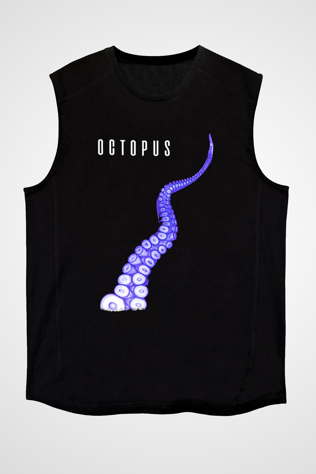 Ahtapot Baskılı Unisex Siyah Kolsuz Tişört - Tshirt