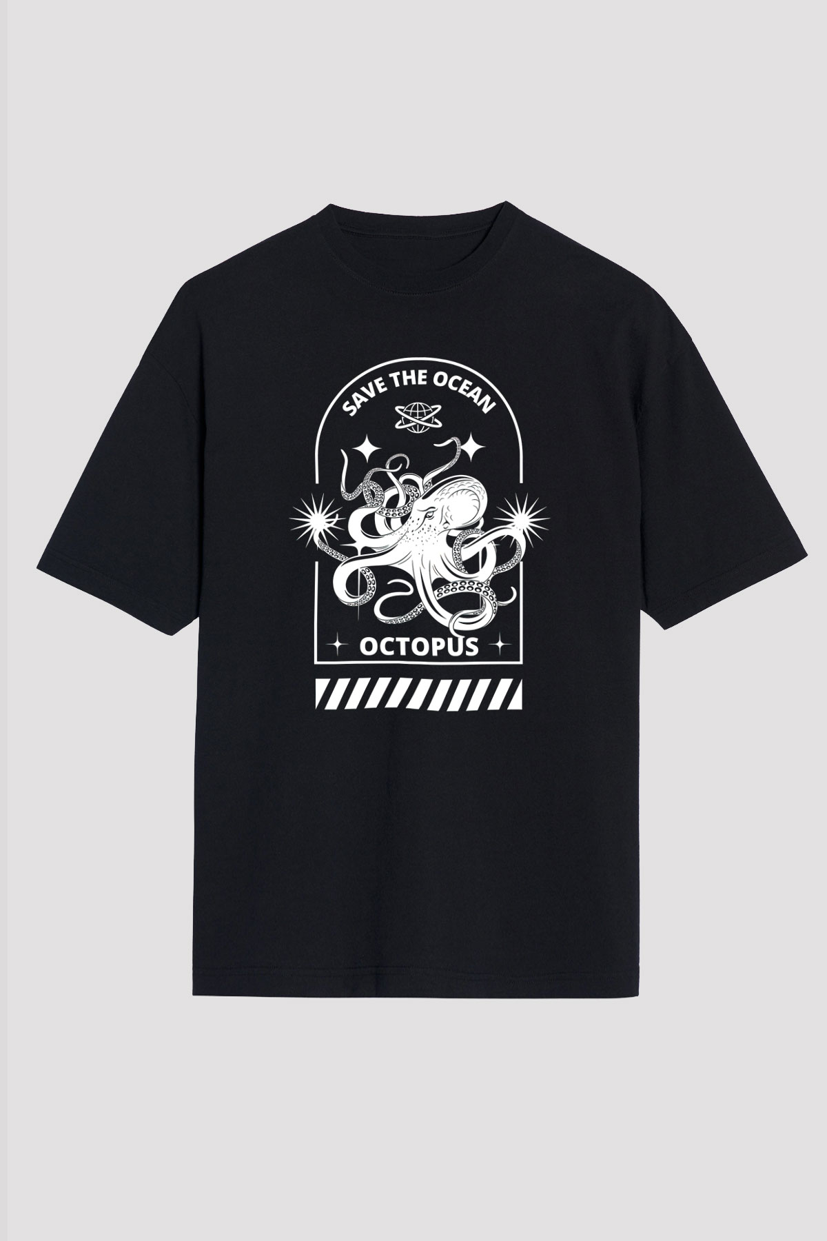 Ahtapot Baskılı Unisex Siyah Oversize Tişört - Tshirt