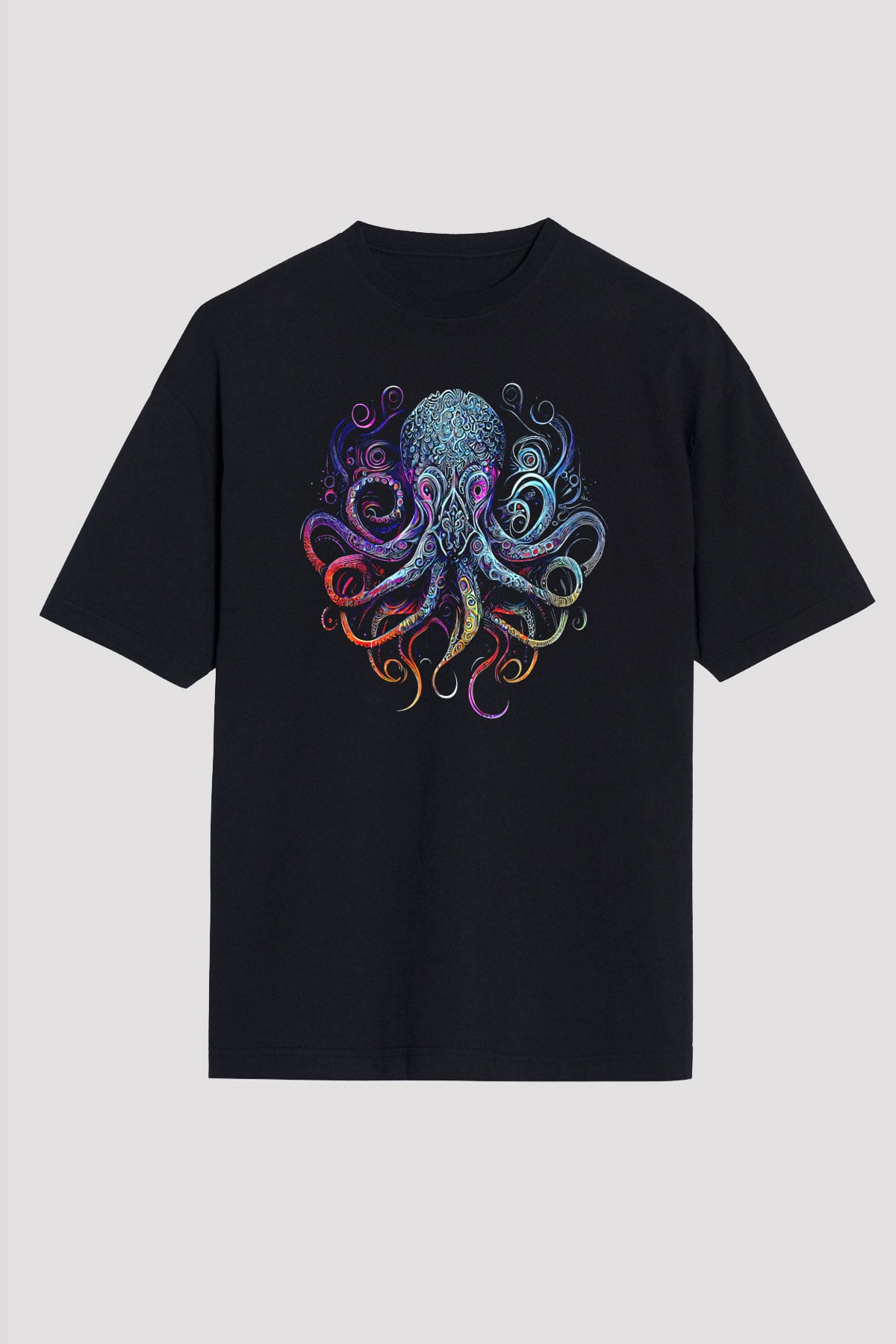 Ahtapot Baskılı Unisex Siyah Oversize Tişört - Tshirt