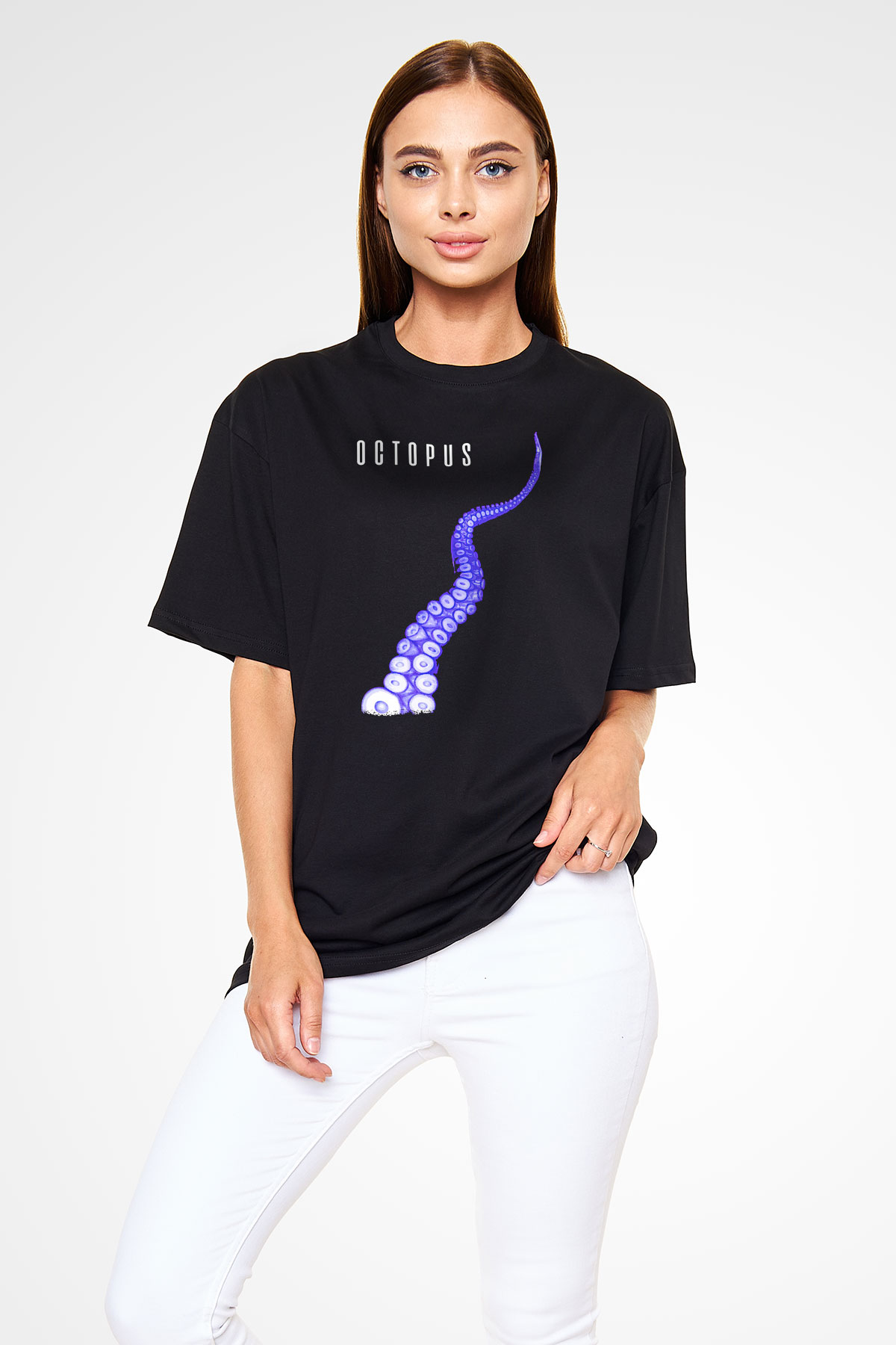 Ahtapot Baskılı Unisex Siyah Oversize Tişört - Tshirt