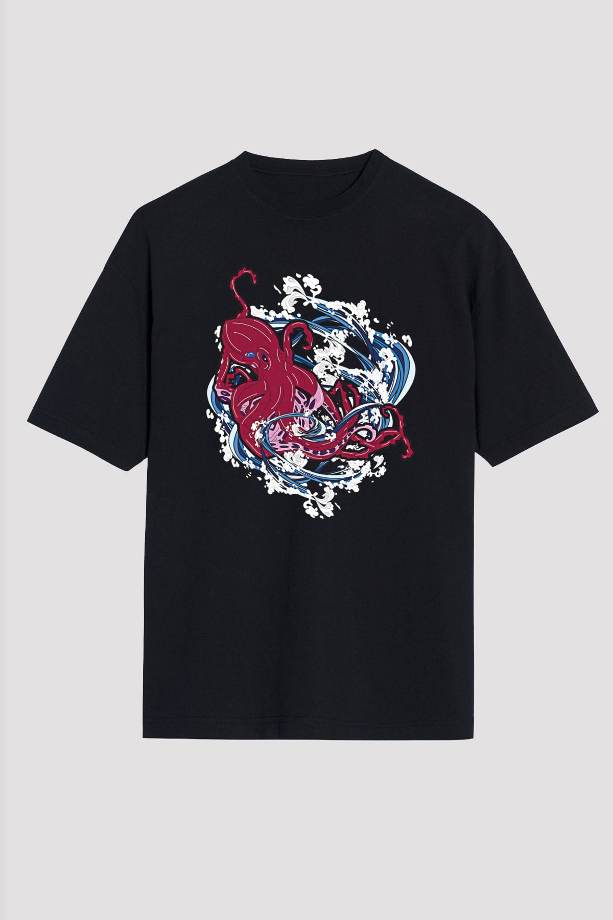 Ahtapot Baskılı Unisex Siyah Oversize Tişört - Tshirt