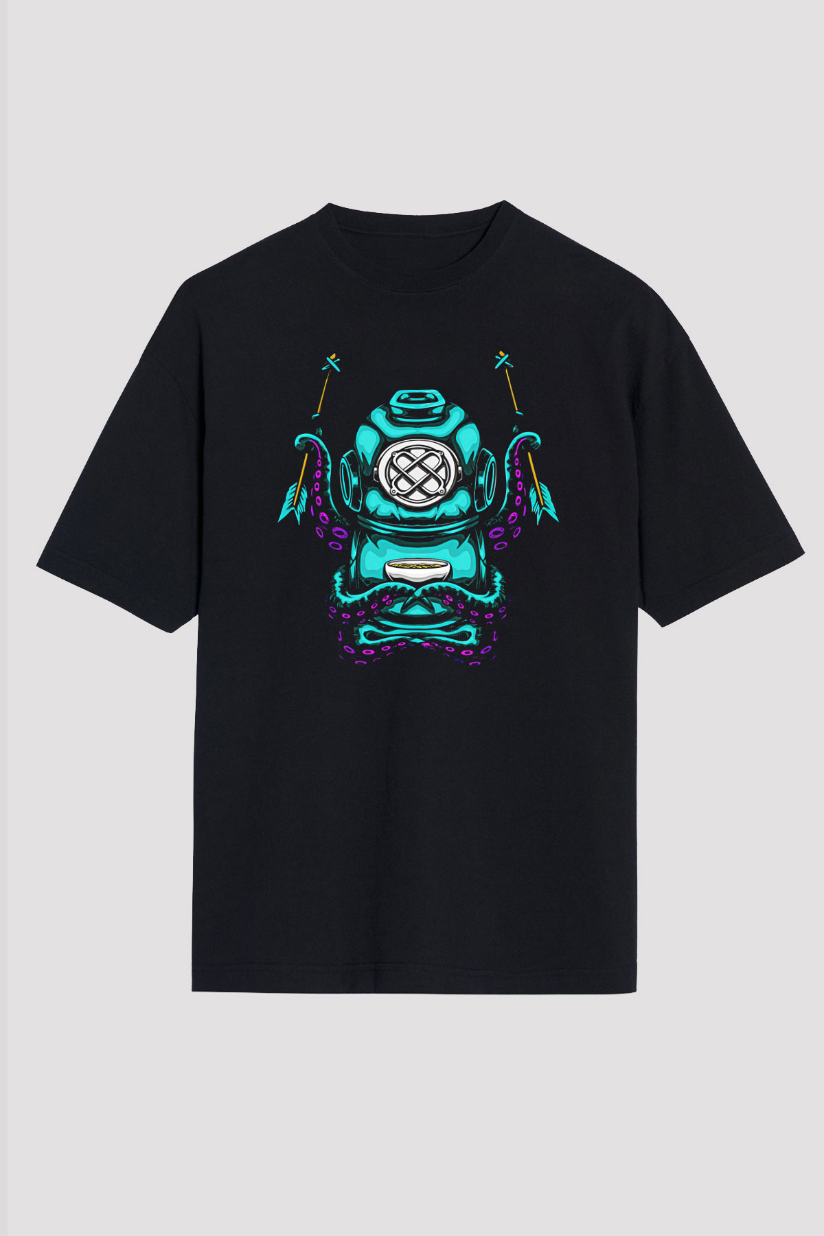 Ahtapot Baskılı Unisex Siyah Oversize Tişört - Tshirt