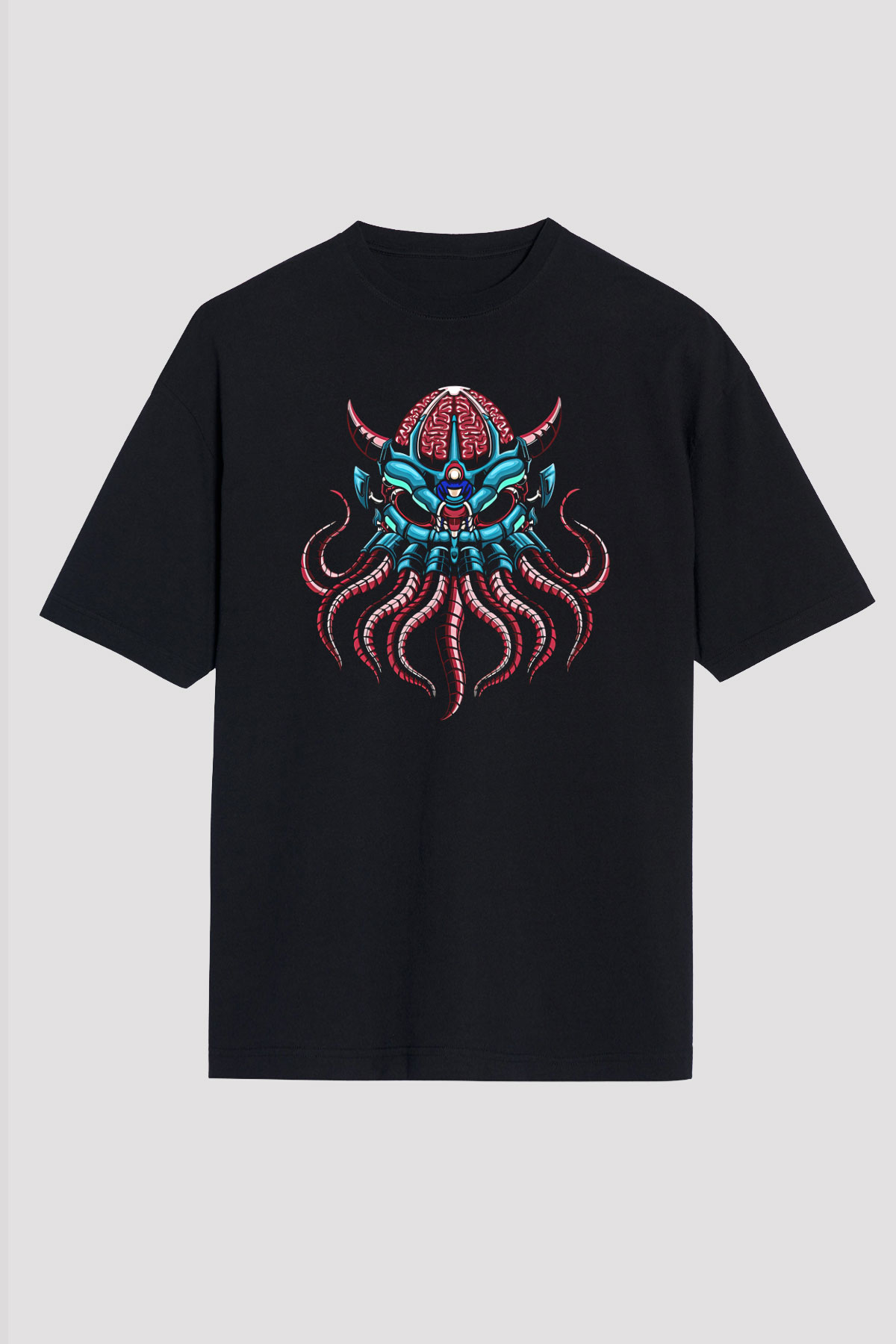 Ahtapot Baskılı Unisex Siyah Oversize Tişört - Tshirt