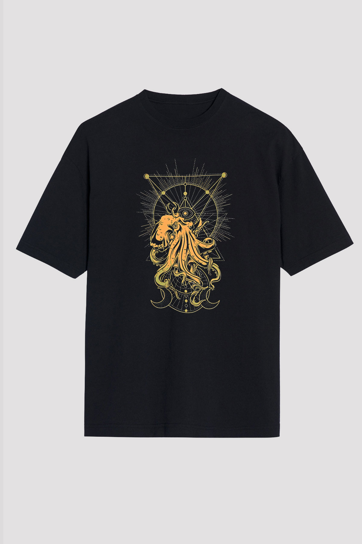 Ahtapot Baskılı Unisex Siyah Oversize Tişört - Tshirt