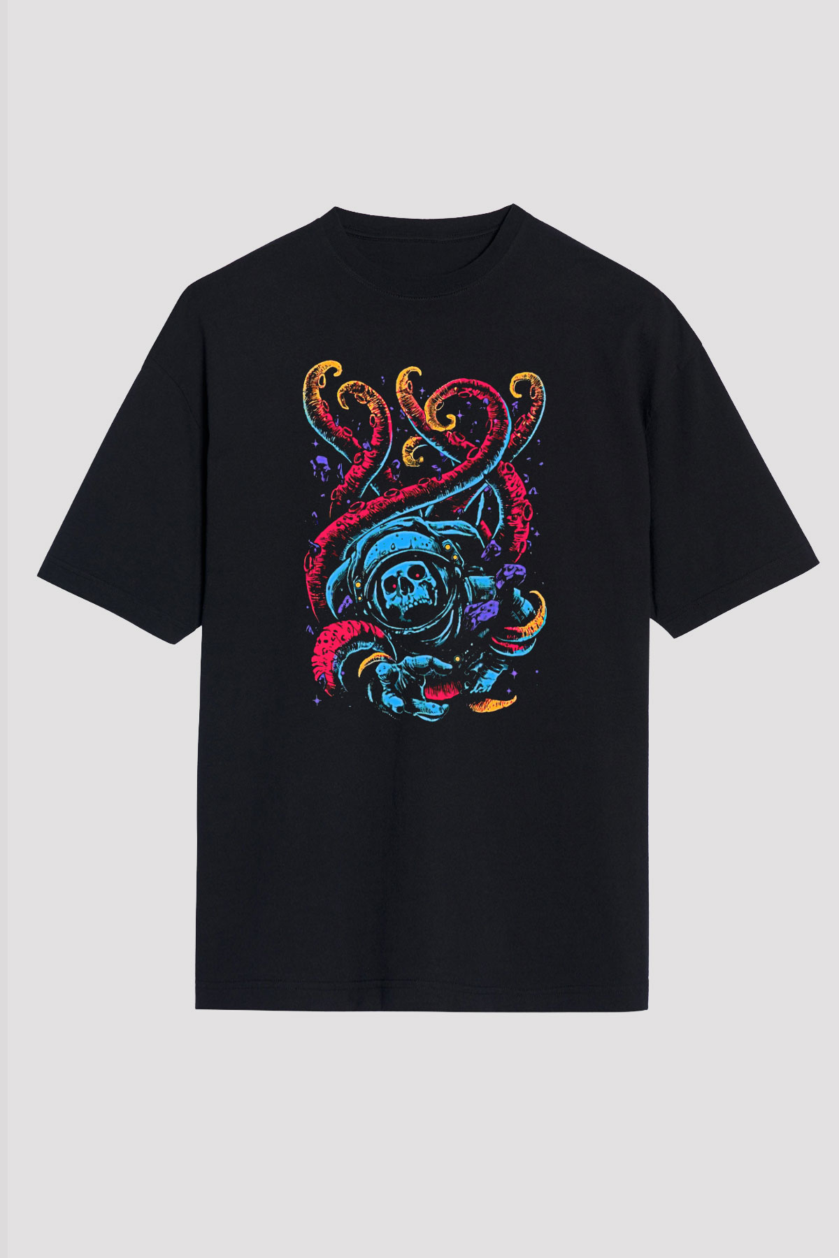 Ahtapot Baskılı Unisex Siyah Oversize Tişört - Tshirt