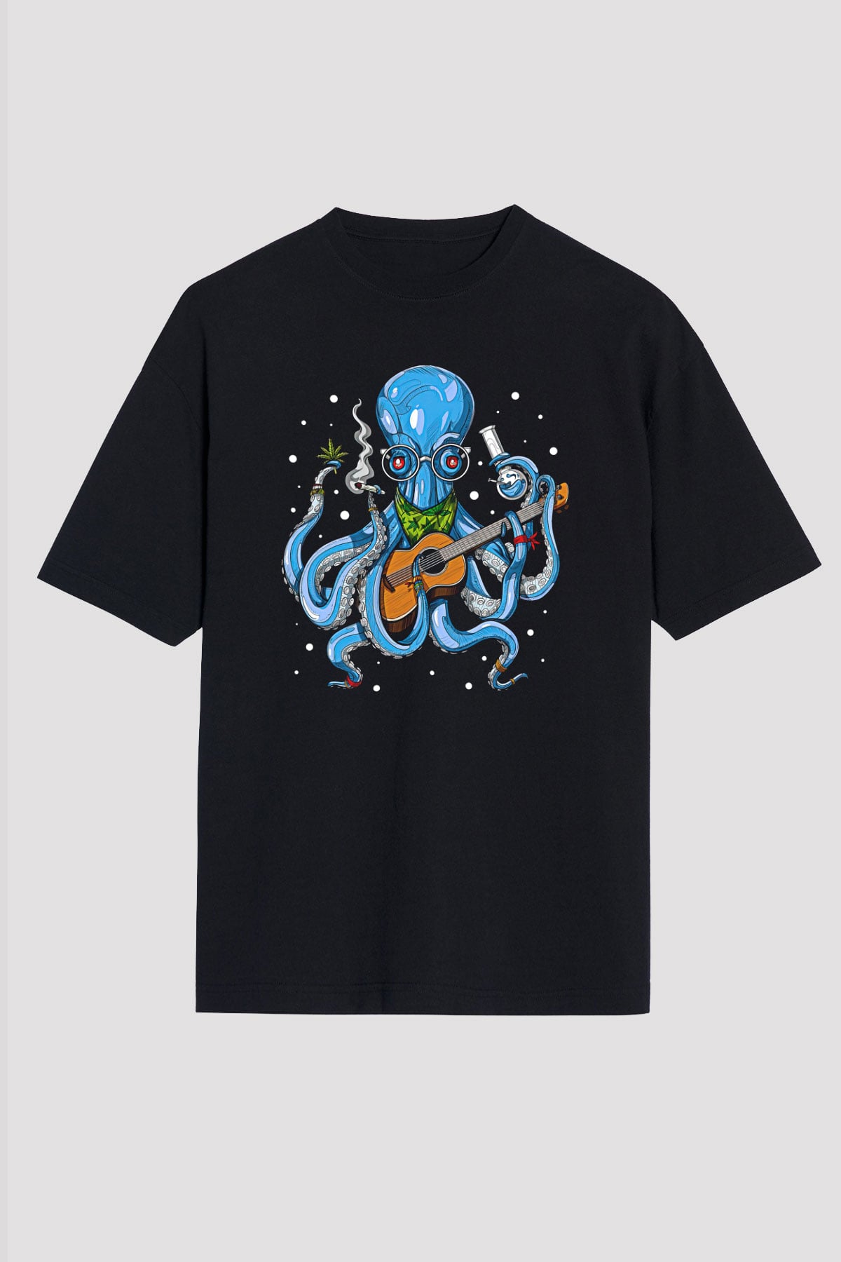 Ahtapot Baskılı Unisex Siyah Oversize Tişört - Tshirt