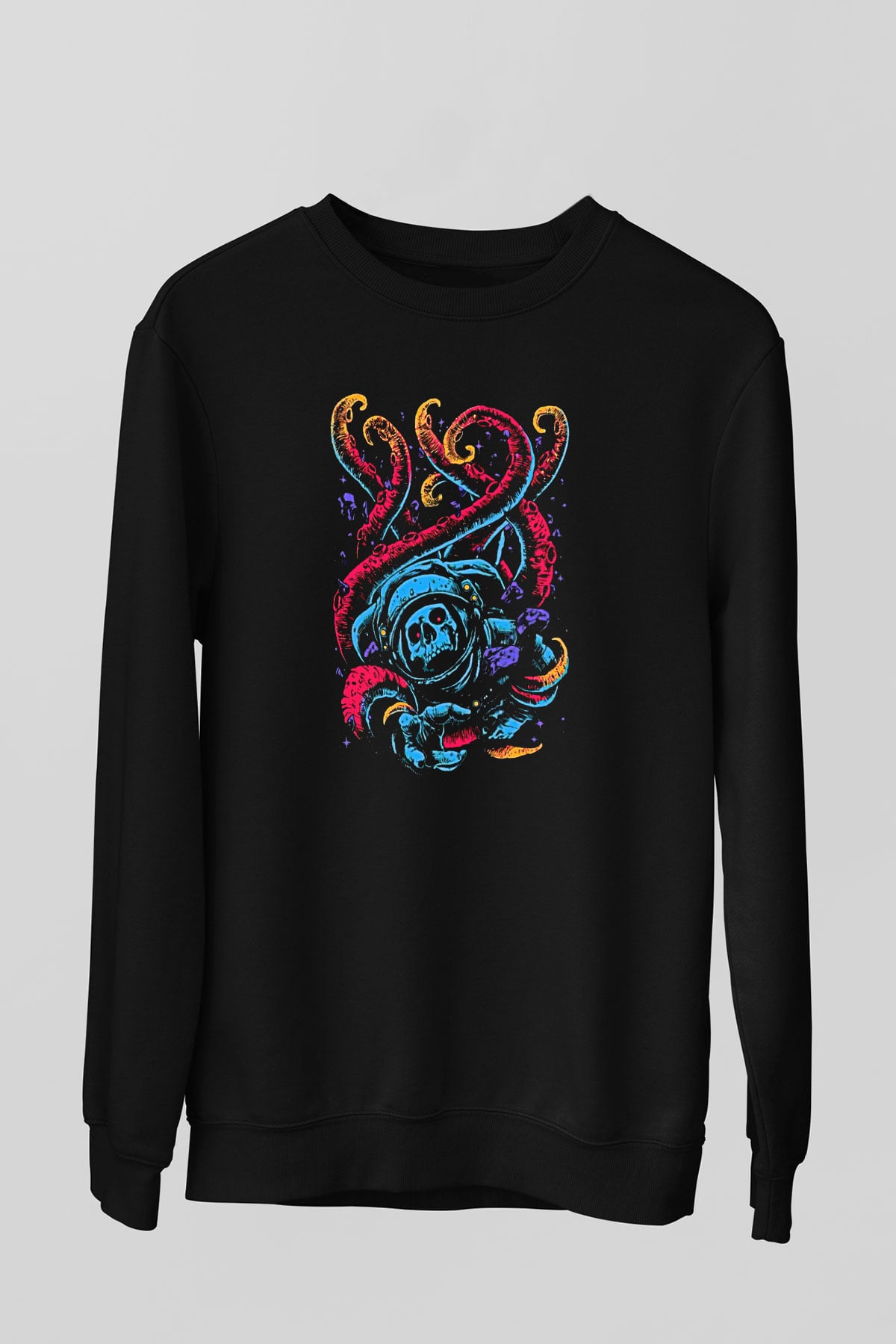 Ahtapot Baskılı Unisex Siyah Sweatshirt