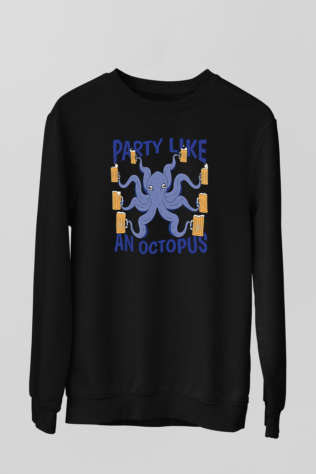 Ahtapot Baskılı Unisex Siyah Sweatshirt