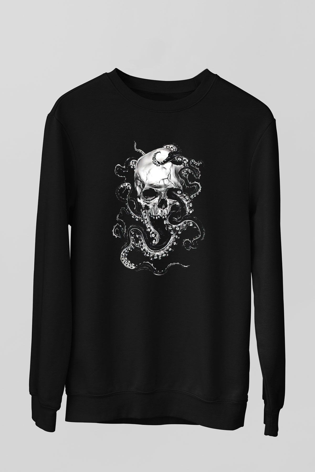 Ahtapot Baskılı Unisex Siyah Sweatshirt