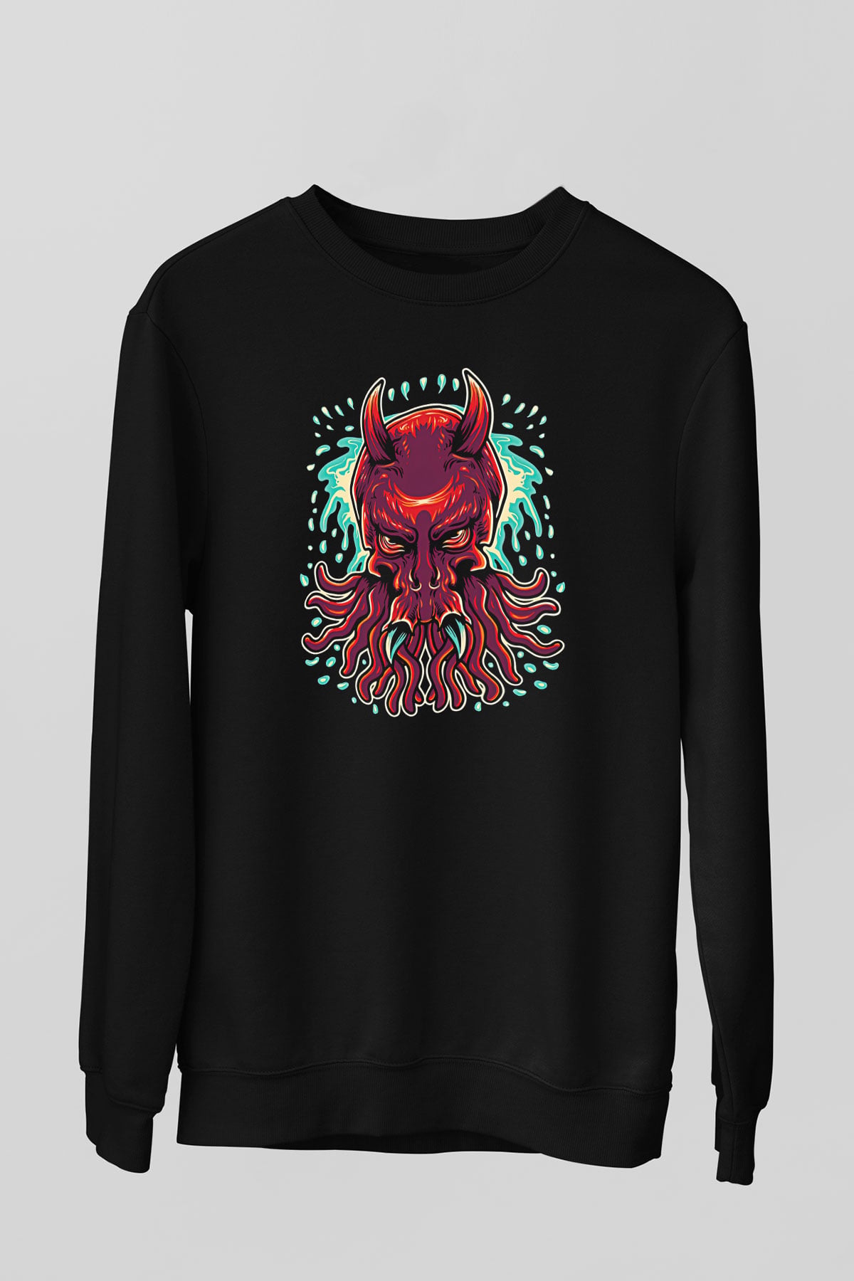 Ahtapot Baskılı Unisex Siyah Sweatshirt