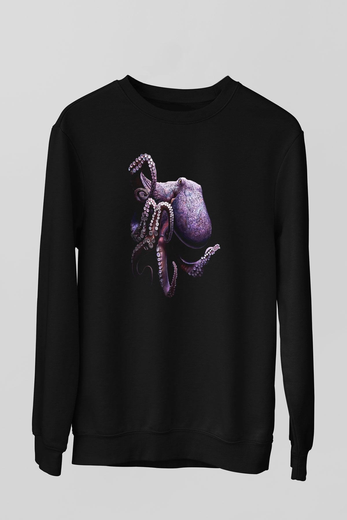 Ahtapot Baskılı Unisex Siyah Sweatshirt