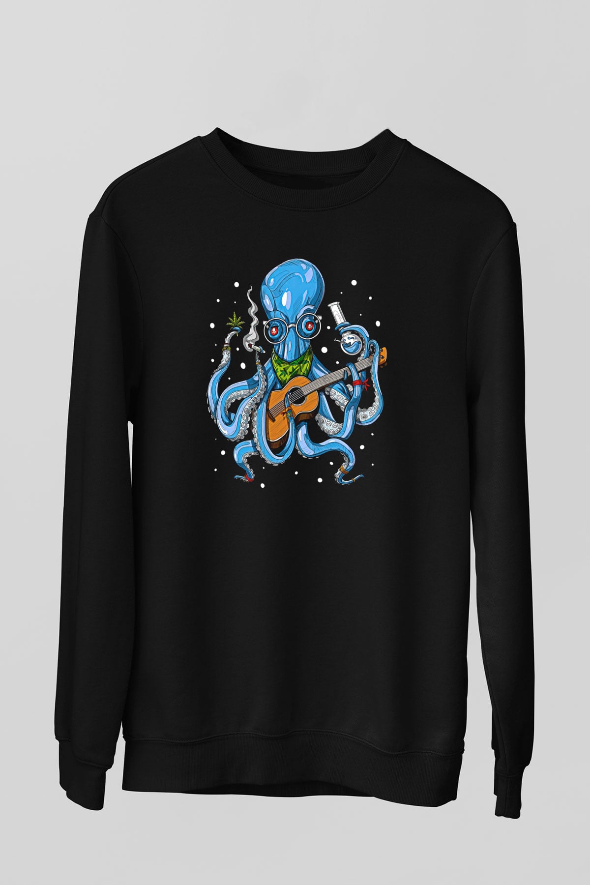 Ahtapot Baskılı Unisex Siyah Sweatshirt