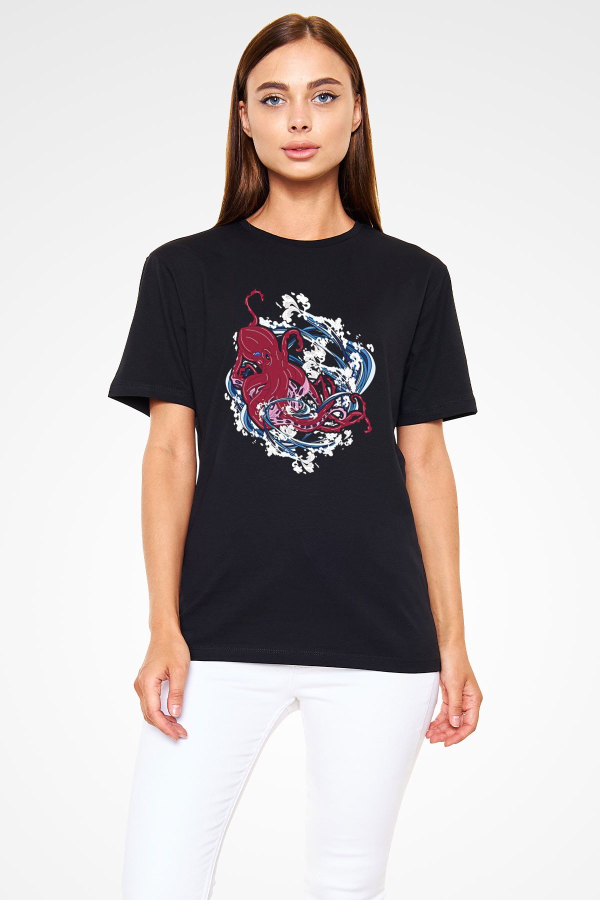 Ahtapot Baskılı Unisex Siyah Tişört - Tshirt