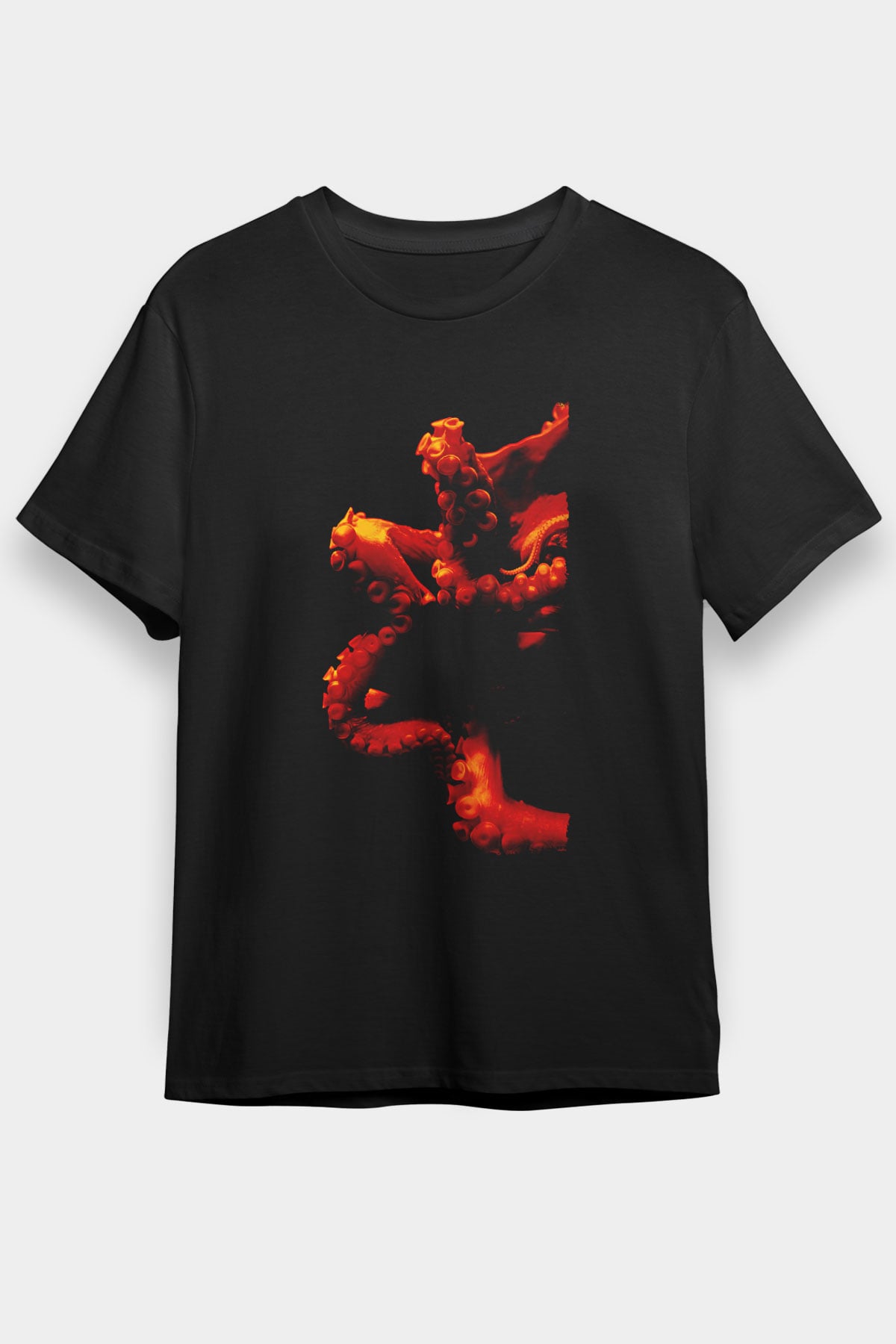 Ahtapot Baskılı Unisex Siyah Tişört - Tshirt
