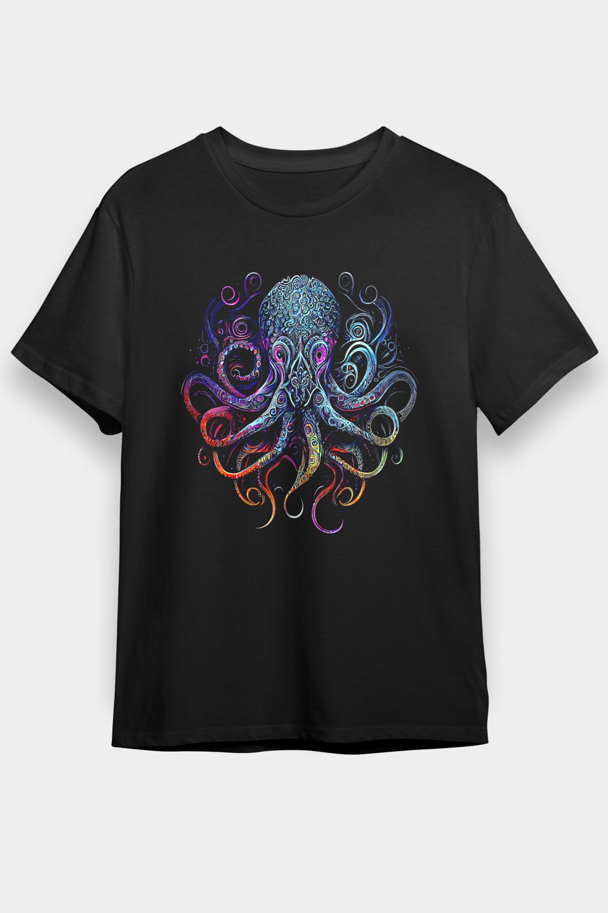 Ahtapot Baskılı Unisex Siyah Tişört - Tshirt