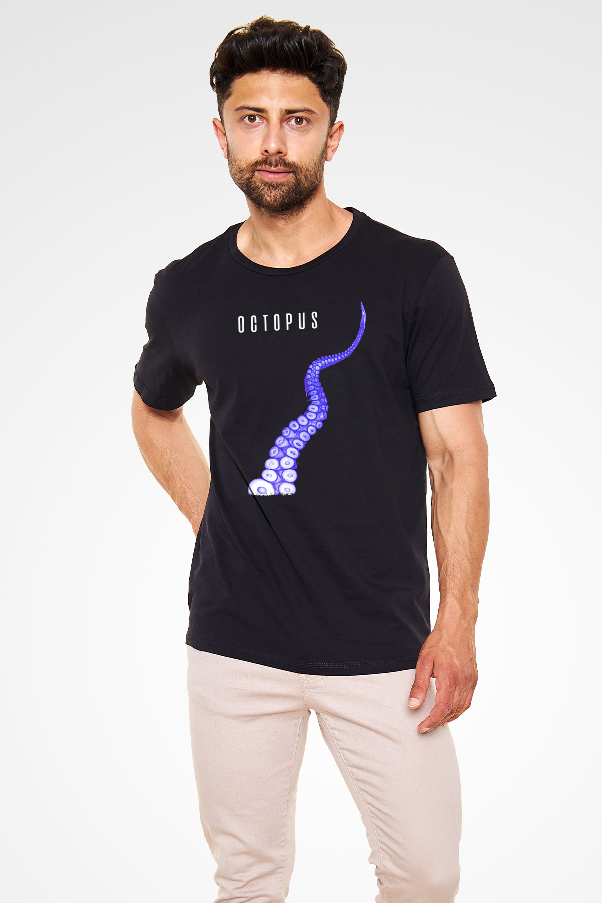 Ahtapot Baskılı Unisex Siyah Tişört - Tshirt