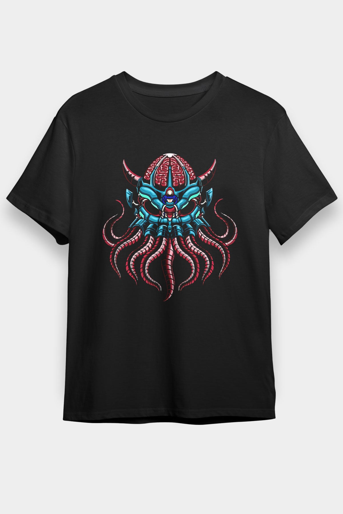 Ahtapot Baskılı Unisex Siyah Tişört - Tshirt
