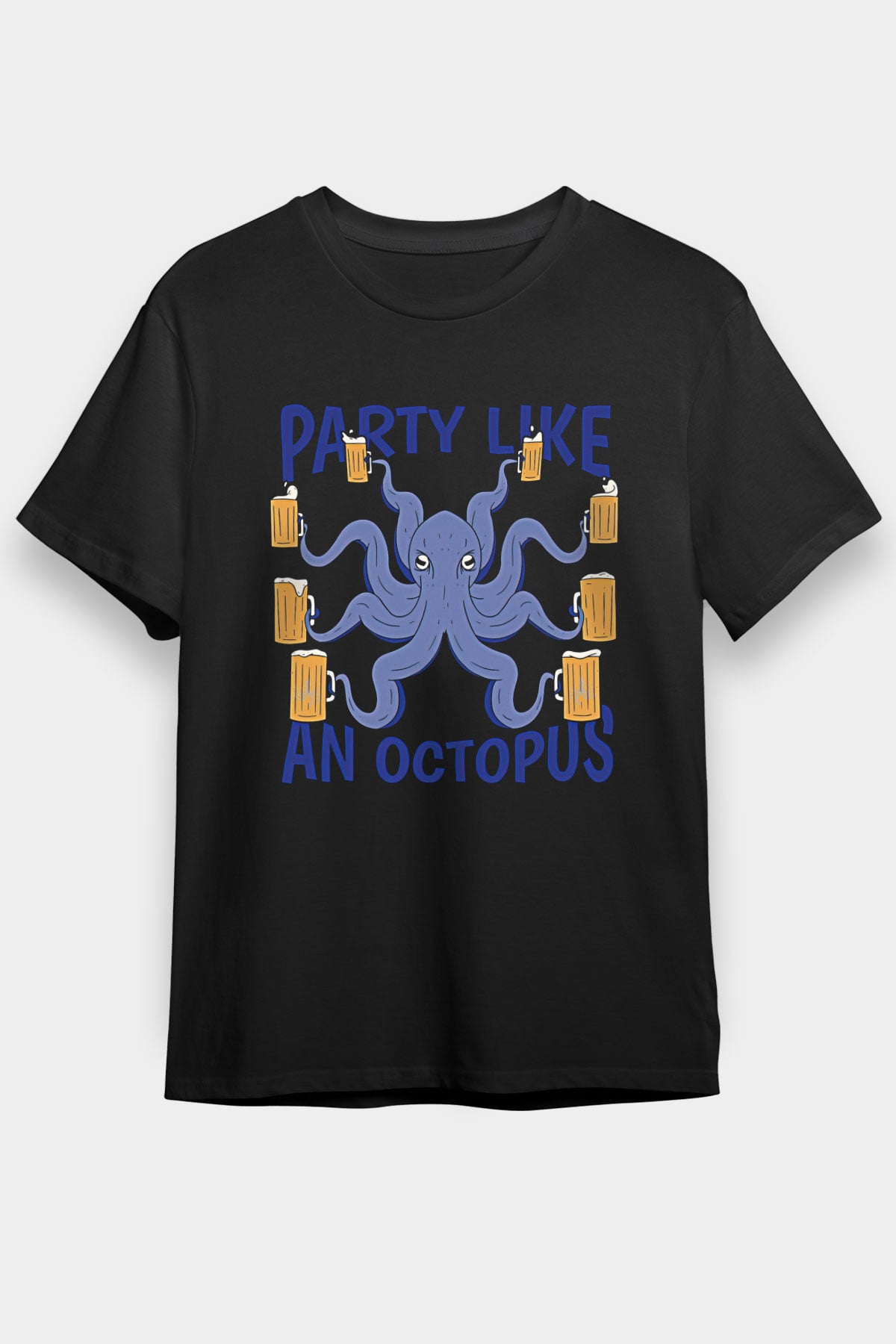Ahtapot Baskılı Unisex Siyah Tişört - Tshirt