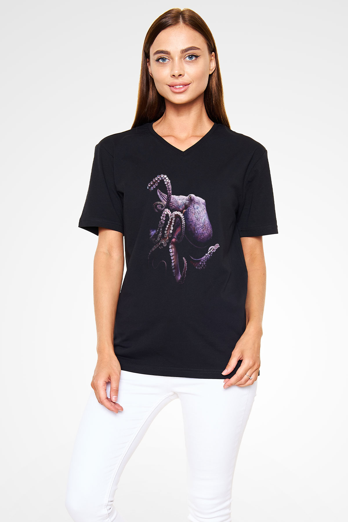 Ahtapot Baskılı Unisex Siyah V Yaka Tişört - Tshirt