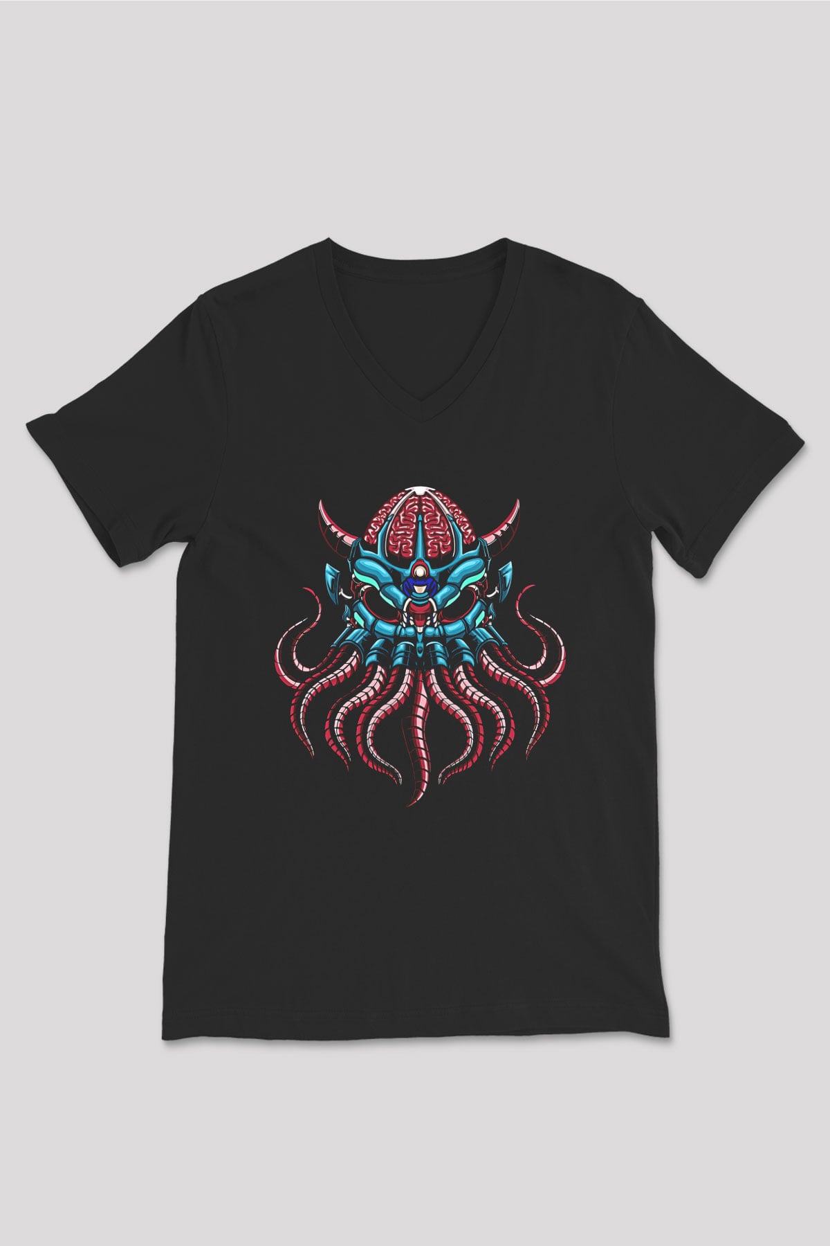 Ahtapot Baskılı Unisex Siyah V Yaka Tişört - Tshirt