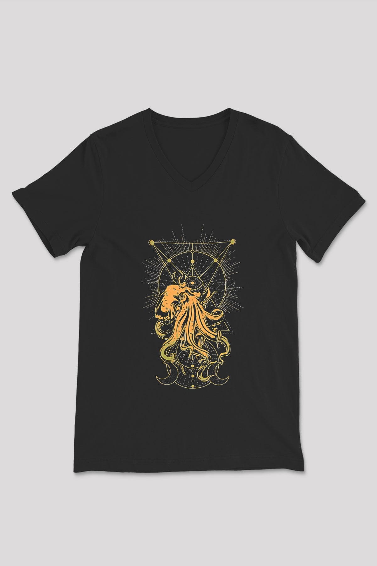 Ahtapot Baskılı Unisex Siyah V Yaka Tişört - Tshirt