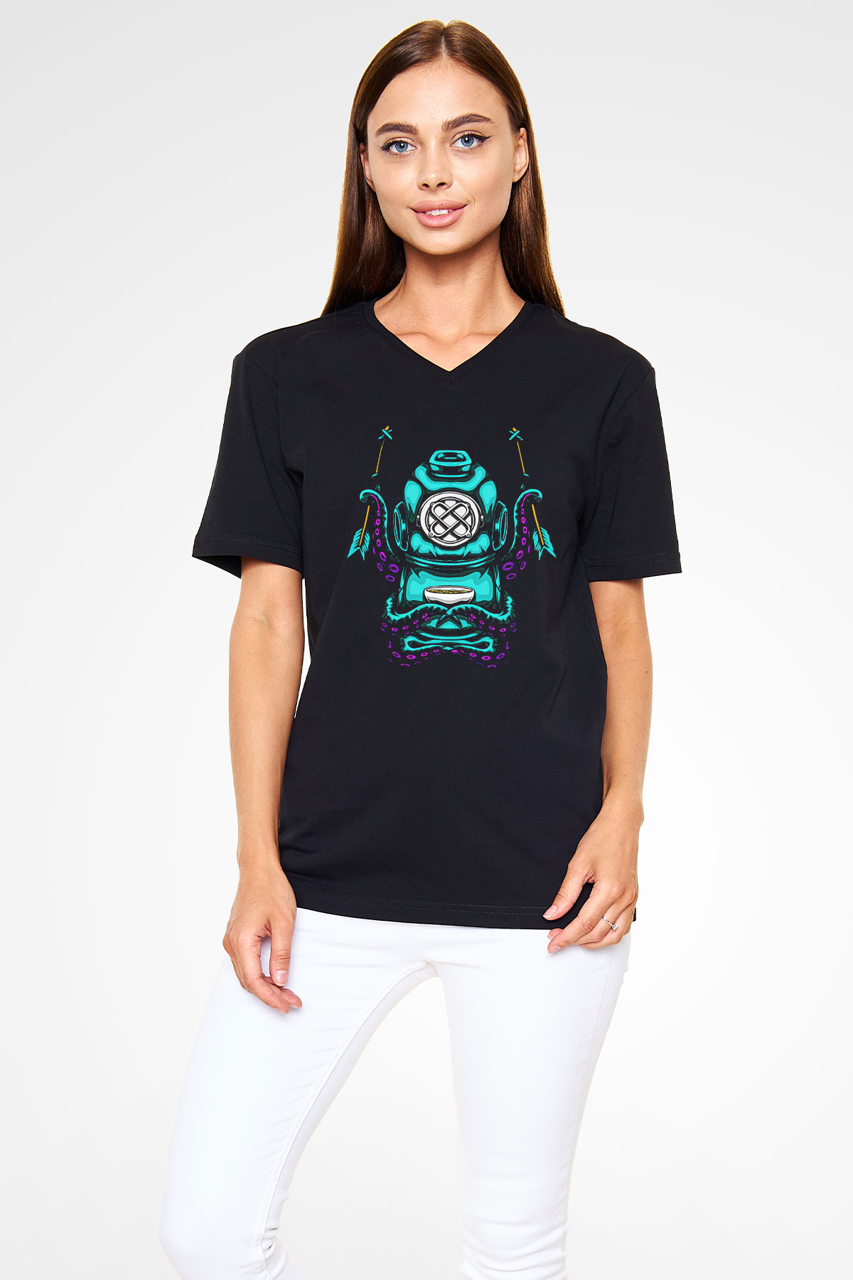 Ahtapot Baskılı Unisex Siyah V Yaka Tişört - Tshirt