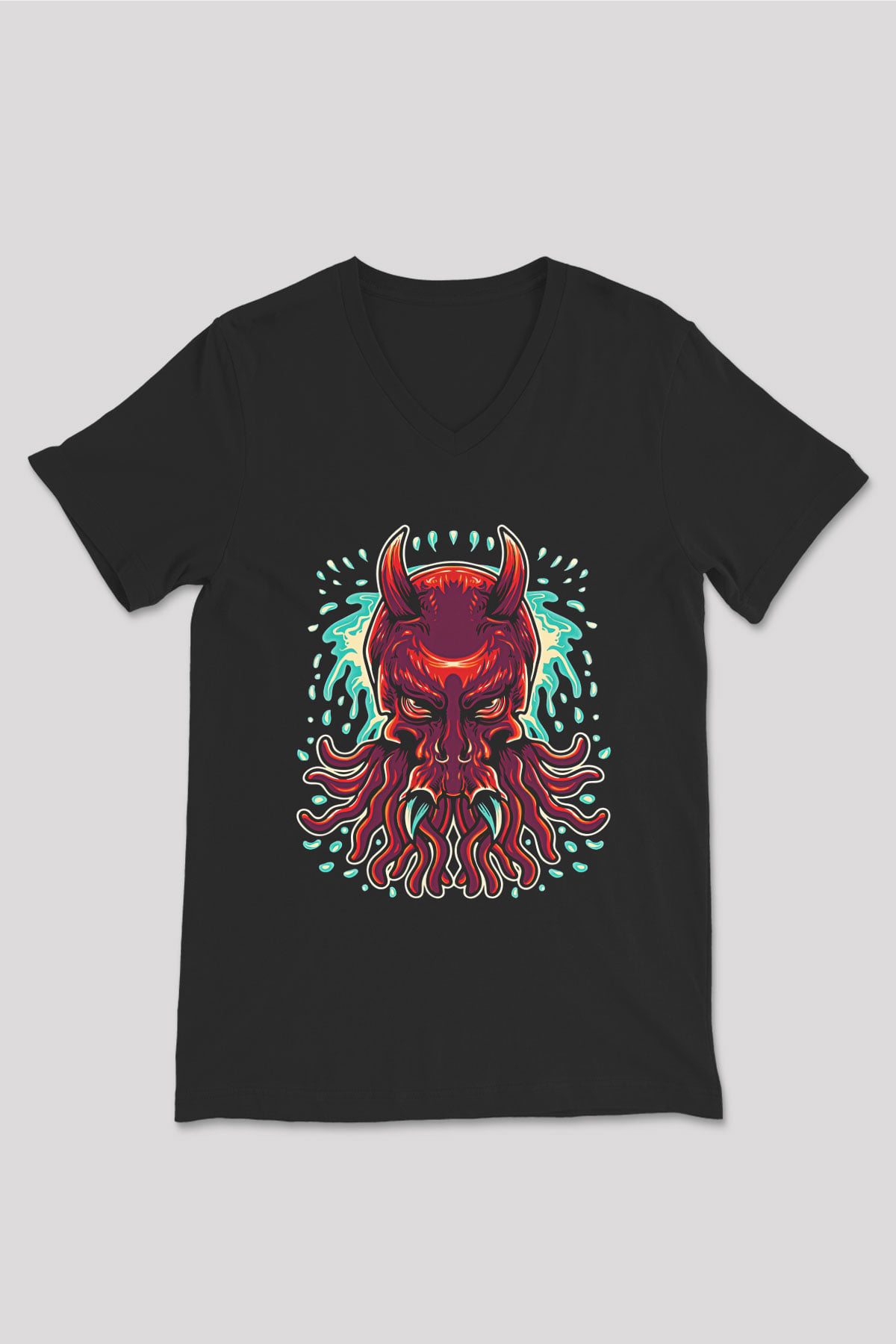 Ahtapot Baskılı Unisex Siyah V Yaka Tişört - Tshirt