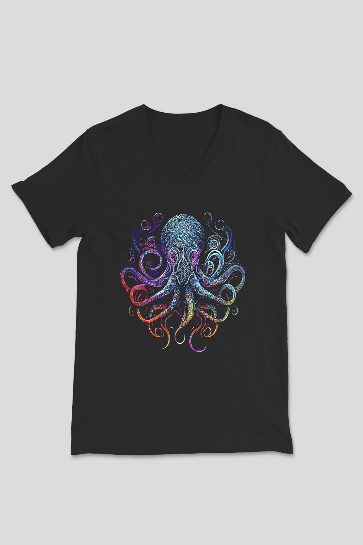 Ahtapot Baskılı Unisex Siyah V Yaka Tişört - Tshirt