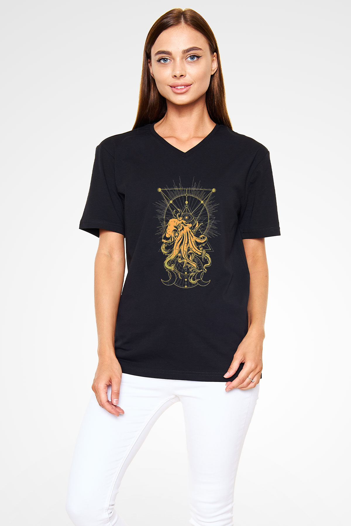 Ahtapot Baskılı Unisex Siyah V Yaka Tişört - Tshirt