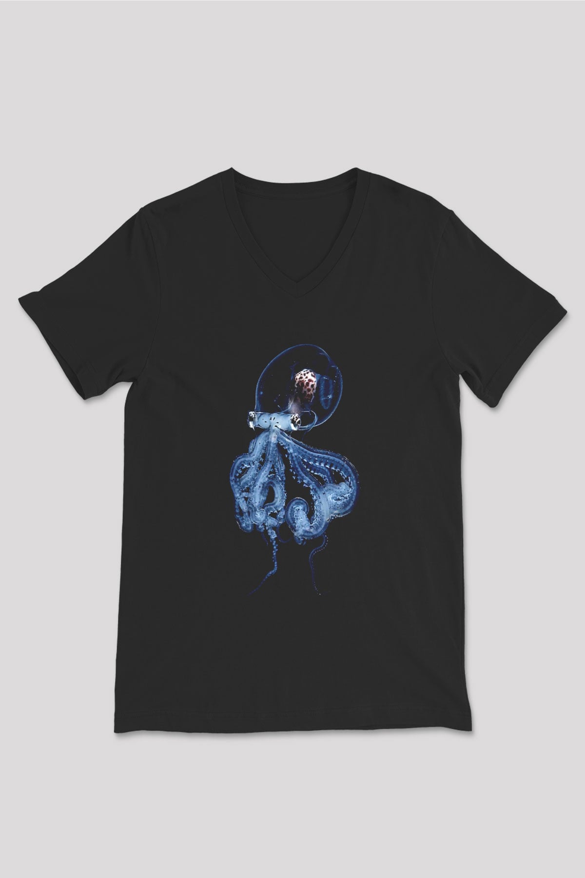 Ahtapot Baskılı Unisex Siyah V Yaka Tişört - Tshirt
