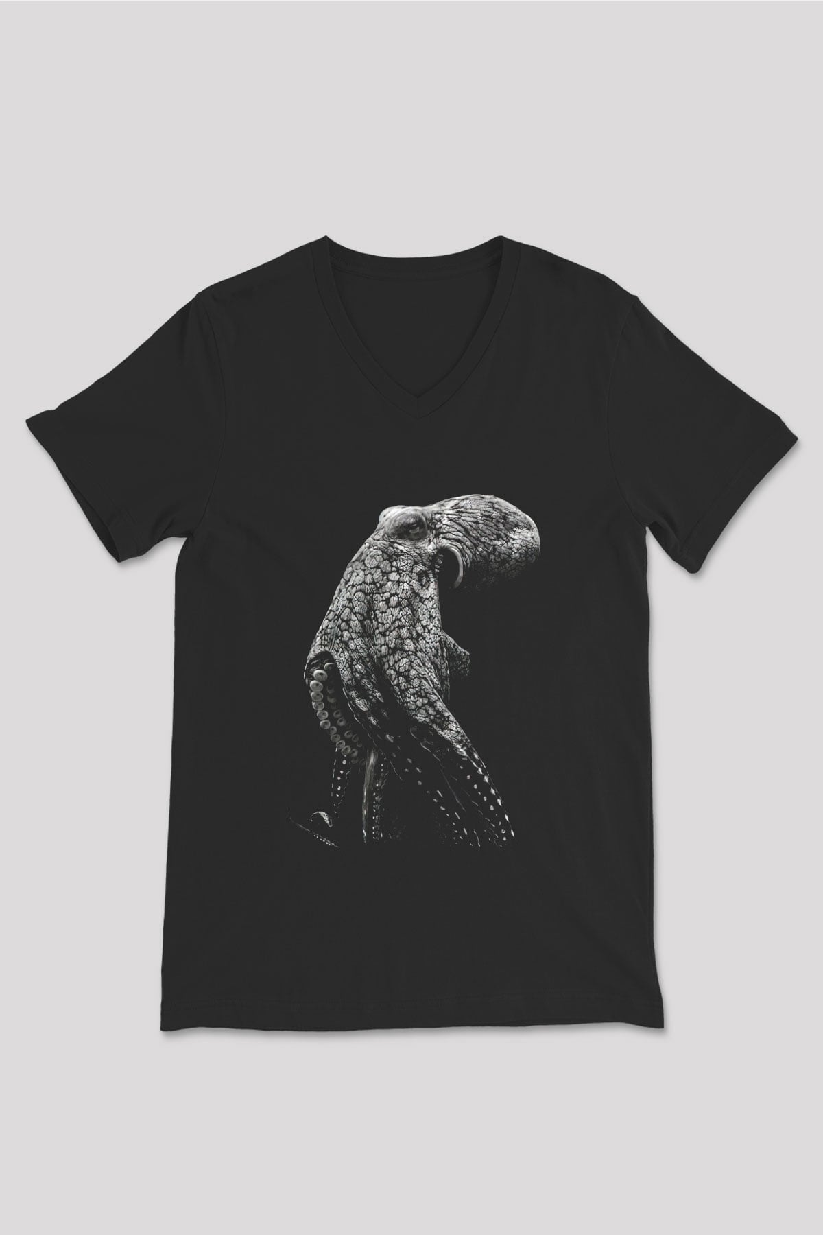 Ahtapot Baskılı Unisex Siyah V Yaka Tişört - Tshirt