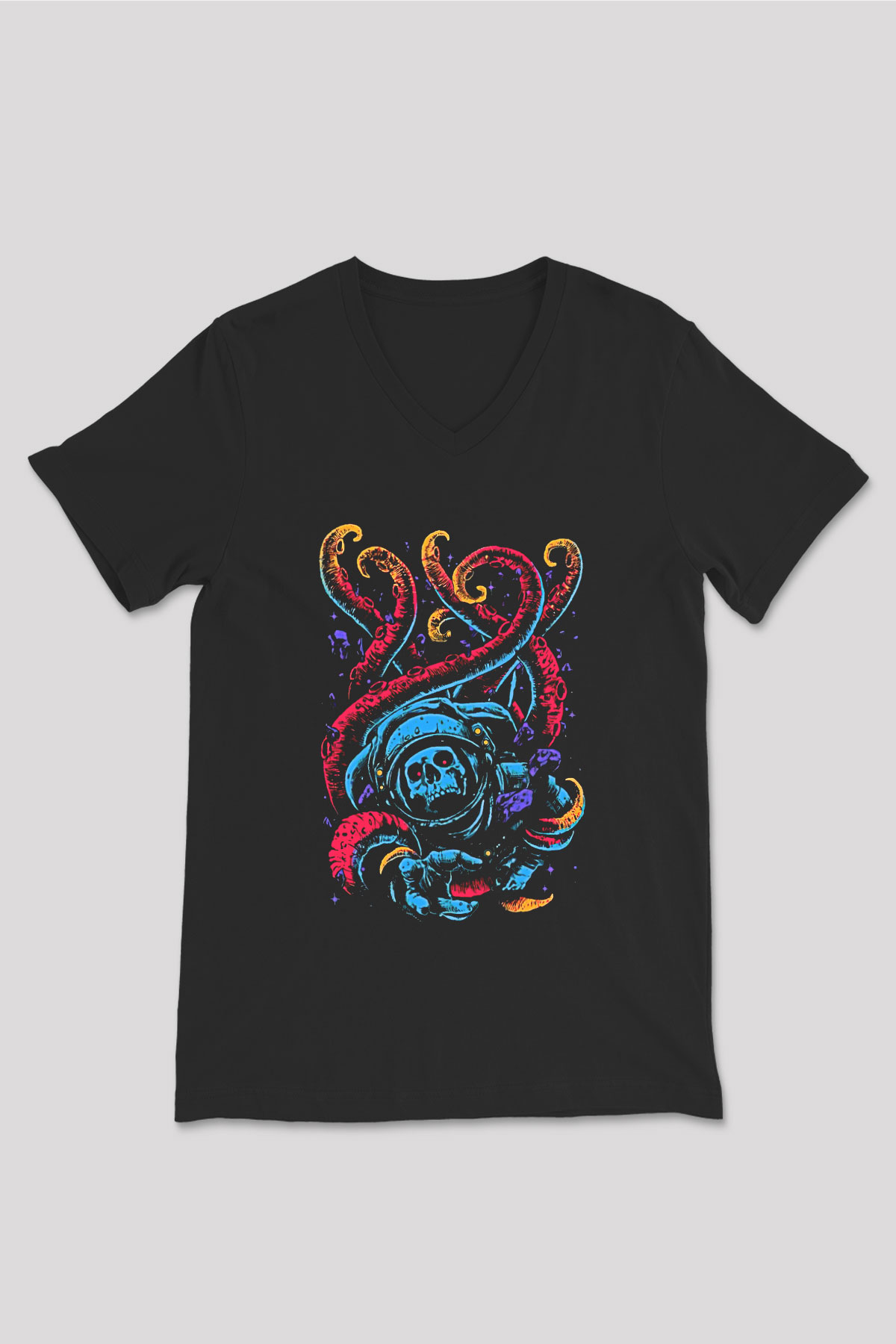 Ahtapot Baskılı Unisex Siyah V Yaka Tişört - Tshirt