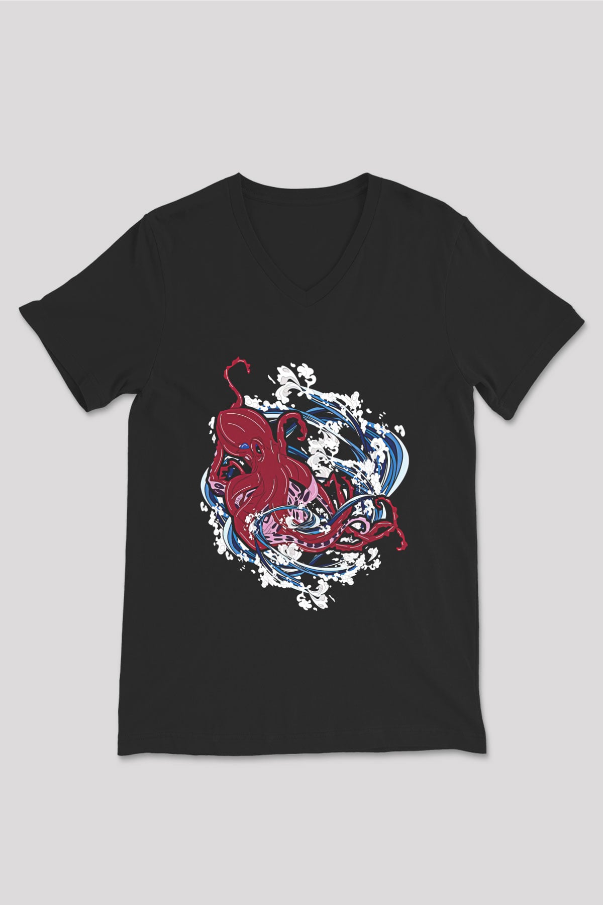 Ahtapot Baskılı Unisex Siyah V Yaka Tişört - Tshirt