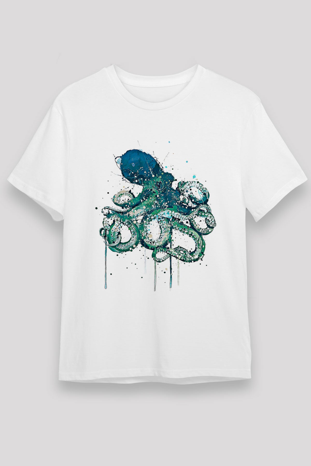 Ahtapot Unisex Baskılı Beyaz Tişört - Tshirt