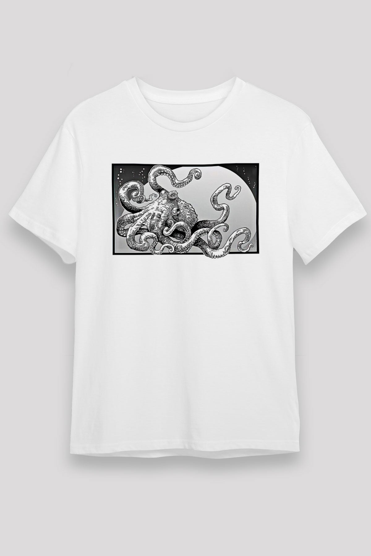 Ahtapot Unisex Baskılı Beyaz Tişört - Tshirt