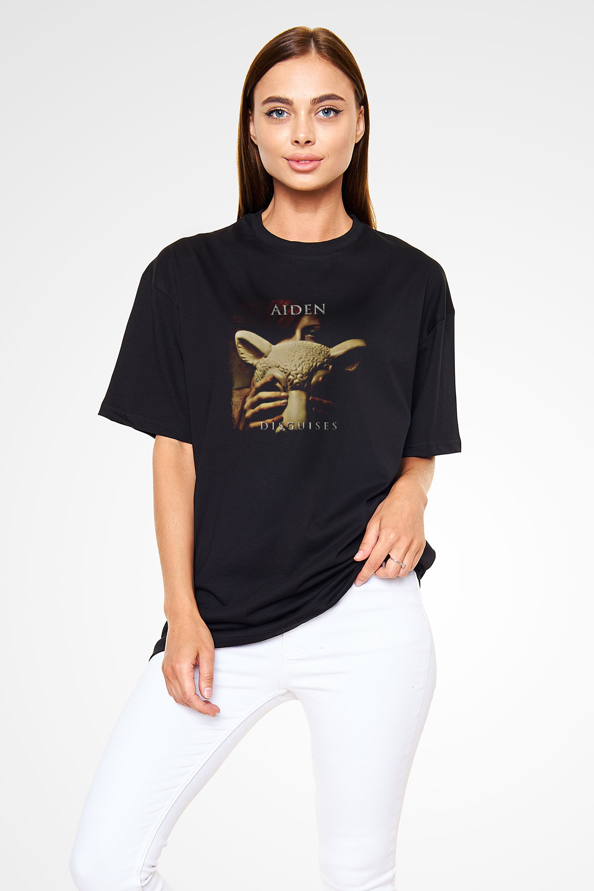Aiden Baskılı Unisex Siyah Oversize Tişört