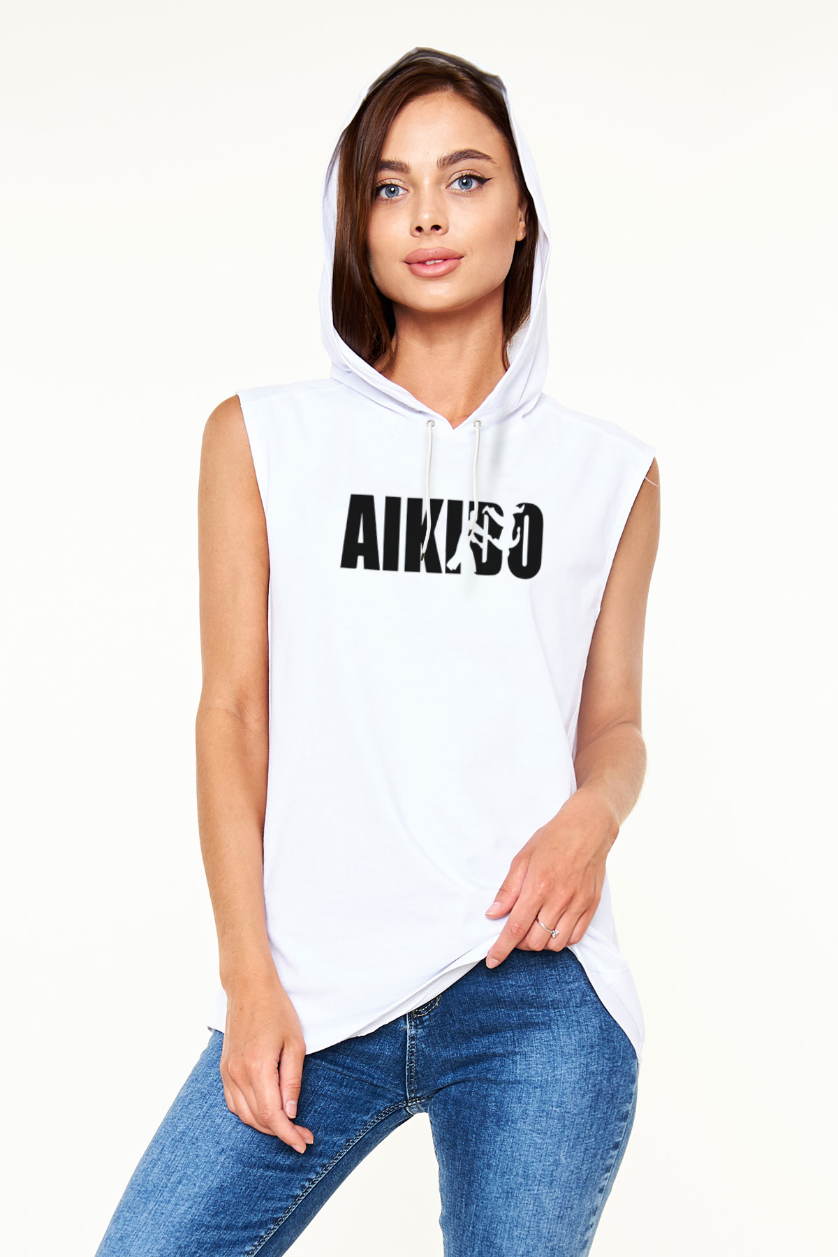 Aikido Beyaz Unisex Kapüşonlu Kolsuz Tişört