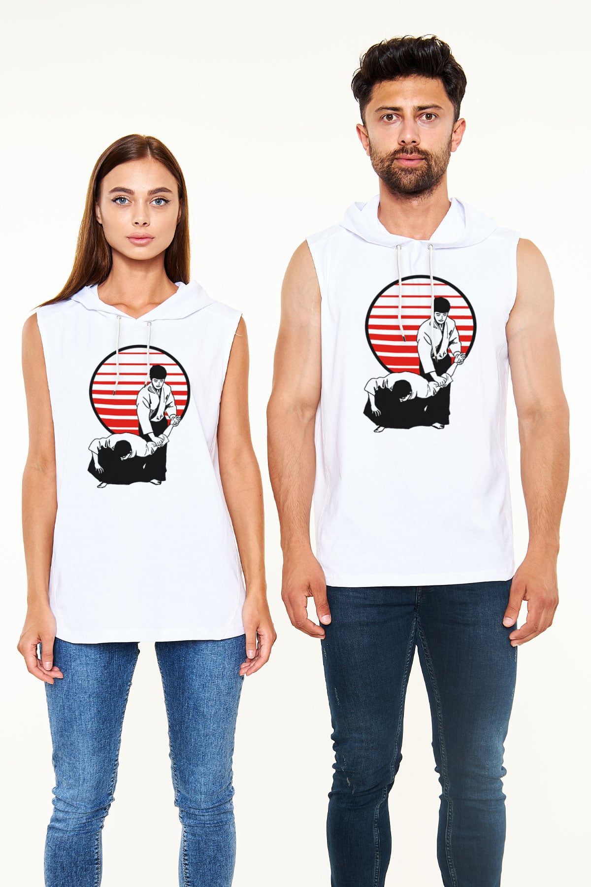Aikido Beyaz Unisex Kapüşonlu Kolsuz Tişört
