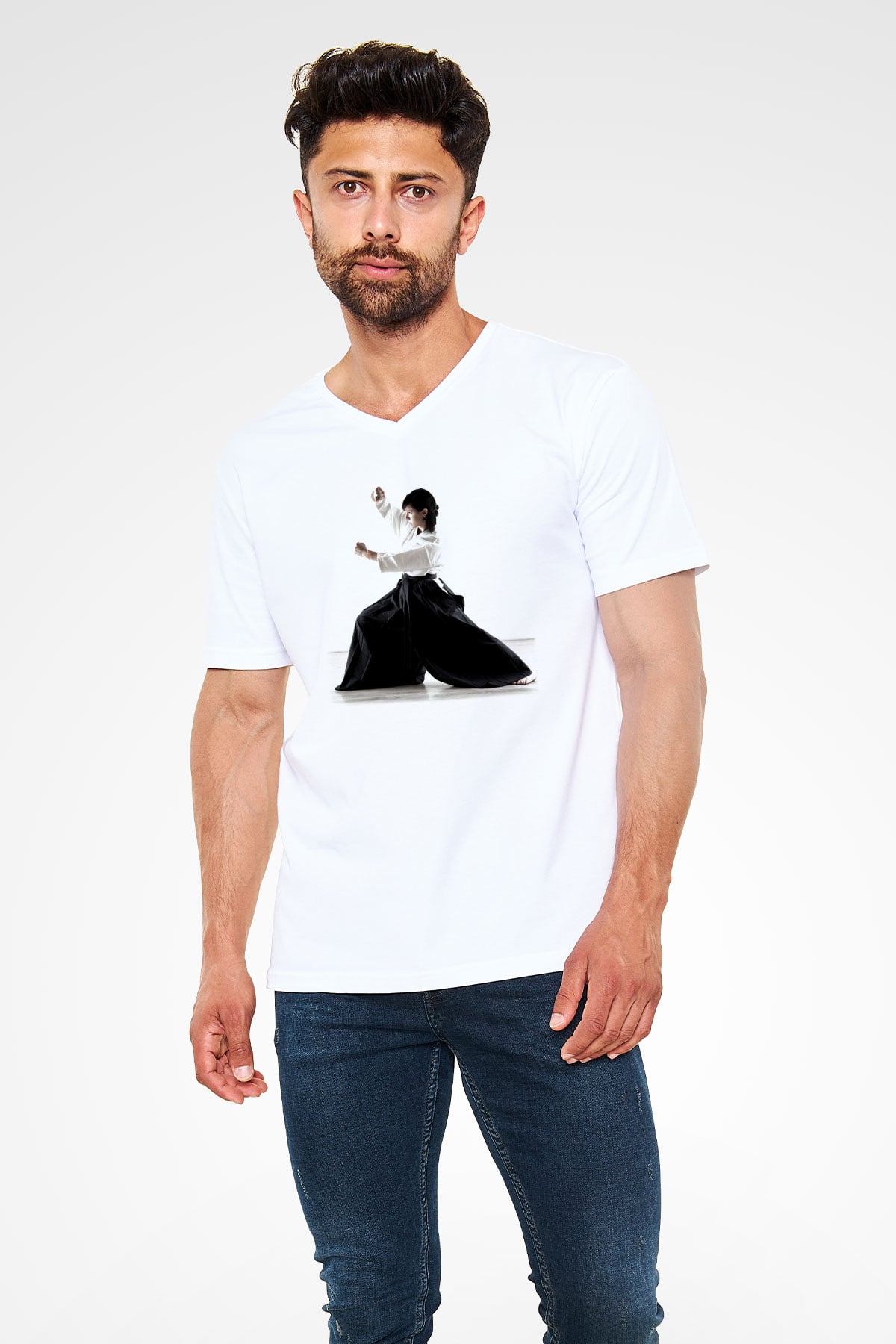 Aikido Beyaz Unisex V Yaka Tişört T-Shirt