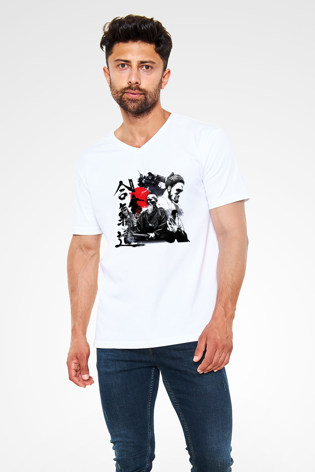 Aikido Beyaz Unisex V Yaka Tişört T-Shirt