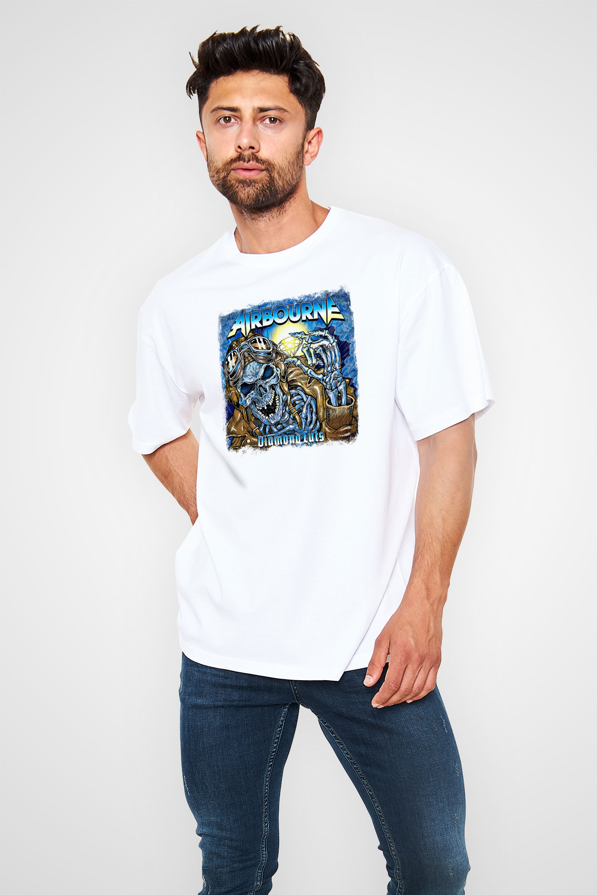 Airbourne Baskılı Unisex Beyaz Oversize Tişört