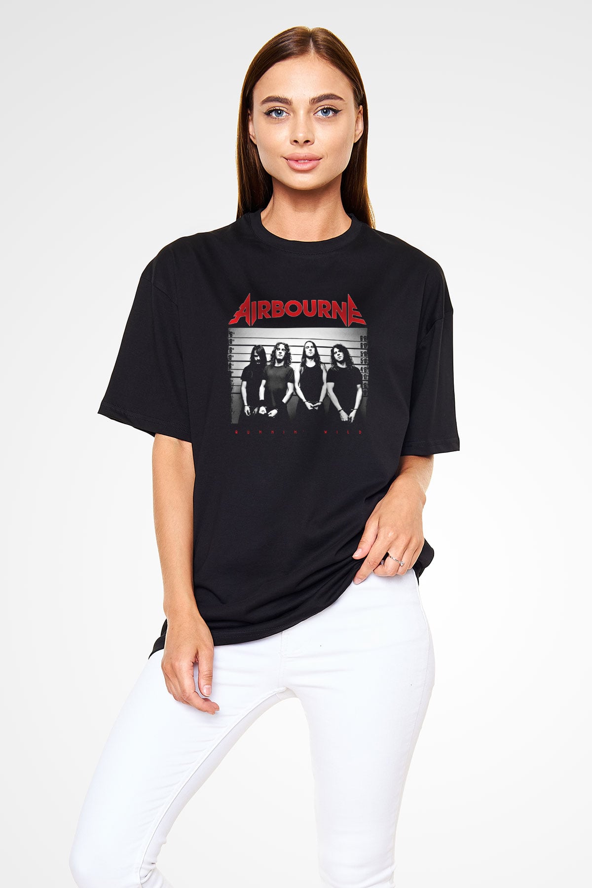 Airbourne Baskılı Unisex Siyah Oversize Tişört