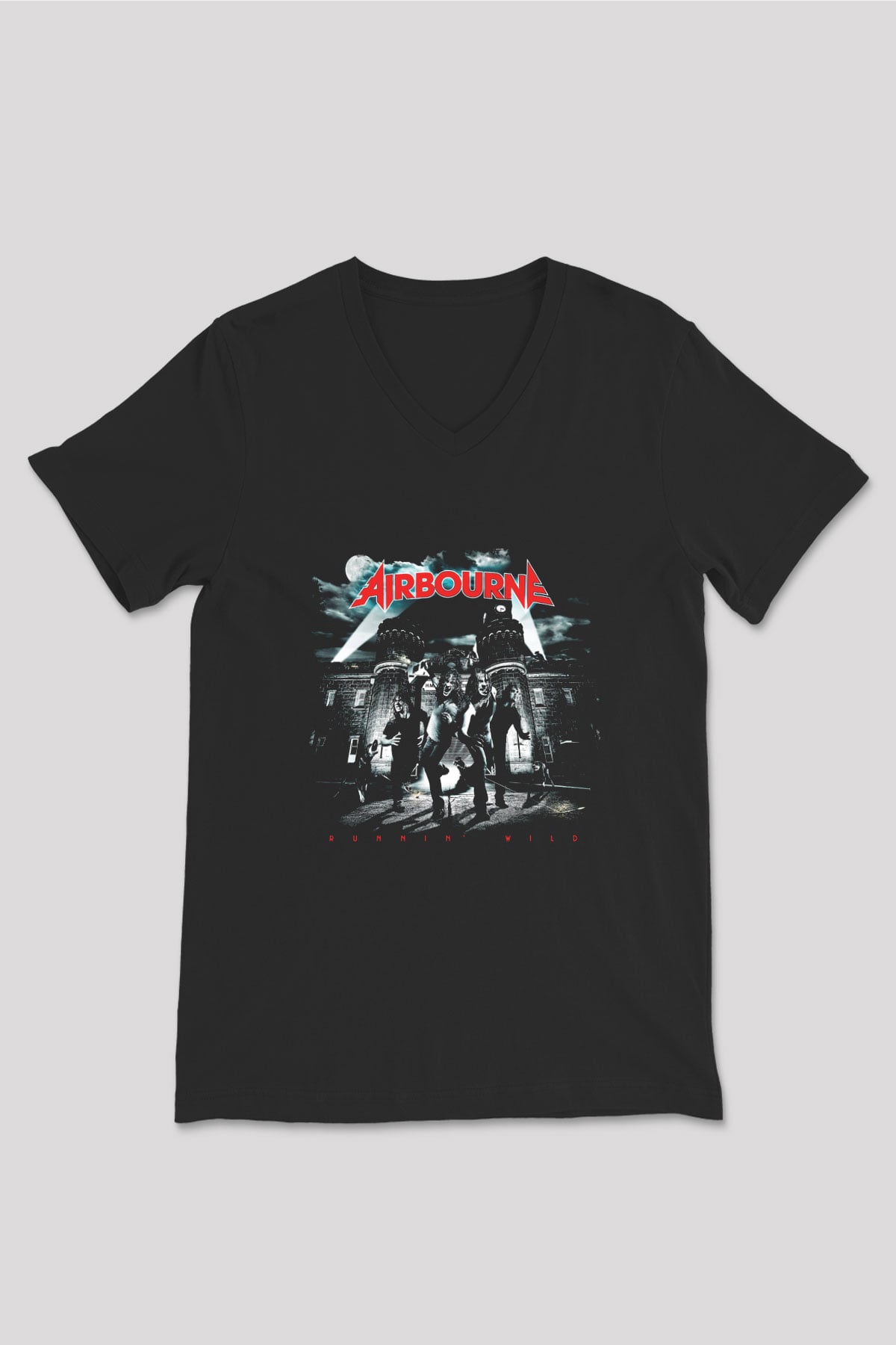 Airbourne Baskılı Unisex Siyah V Yaka Tişört