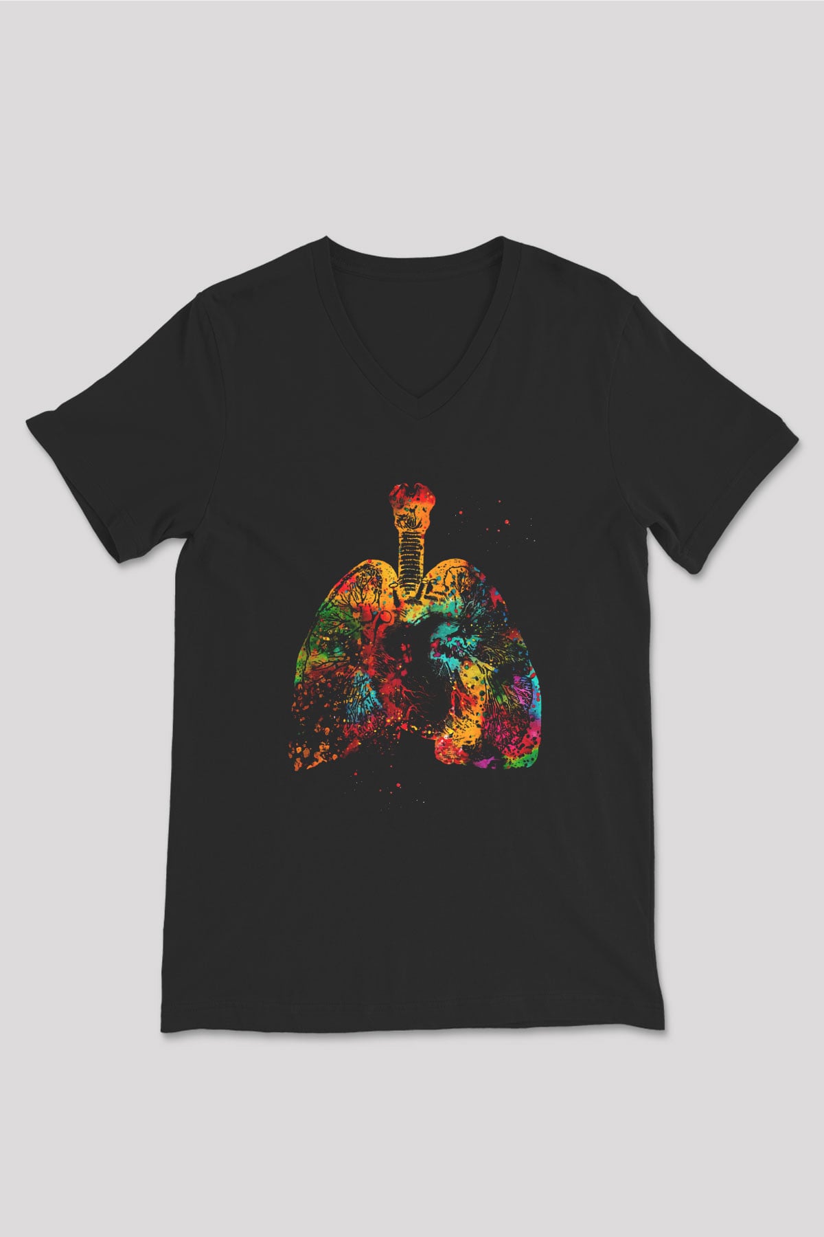 Akciğer Baskılı Unisex V Yaka Siyah Tİşört - Tshirt