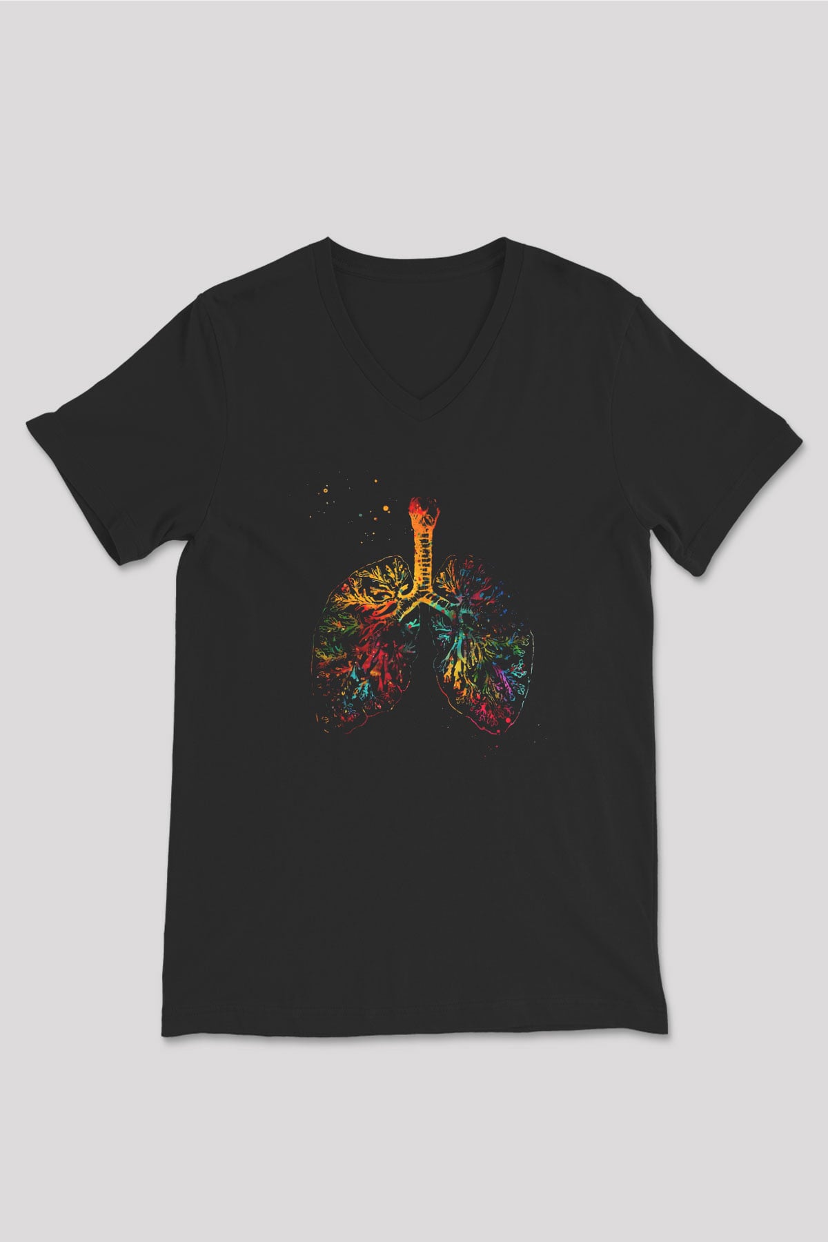 Akciğer Damarlar Renkli Baskılı Unisex V Yaka Siyah Tİşört - Tshirt