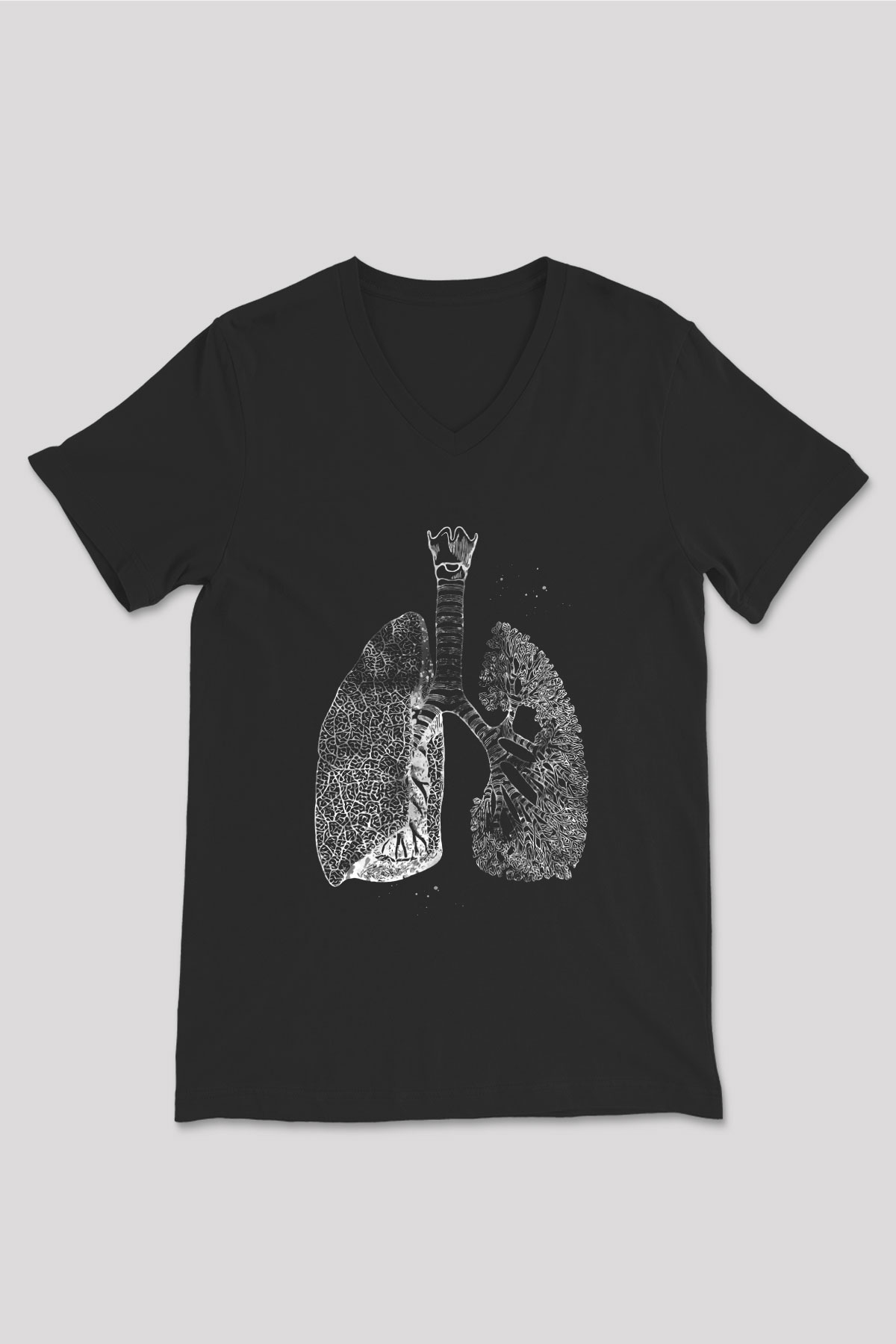 Akciğerler Baskılı Unisex V Yaka Siyah Tİşört - Tshirt