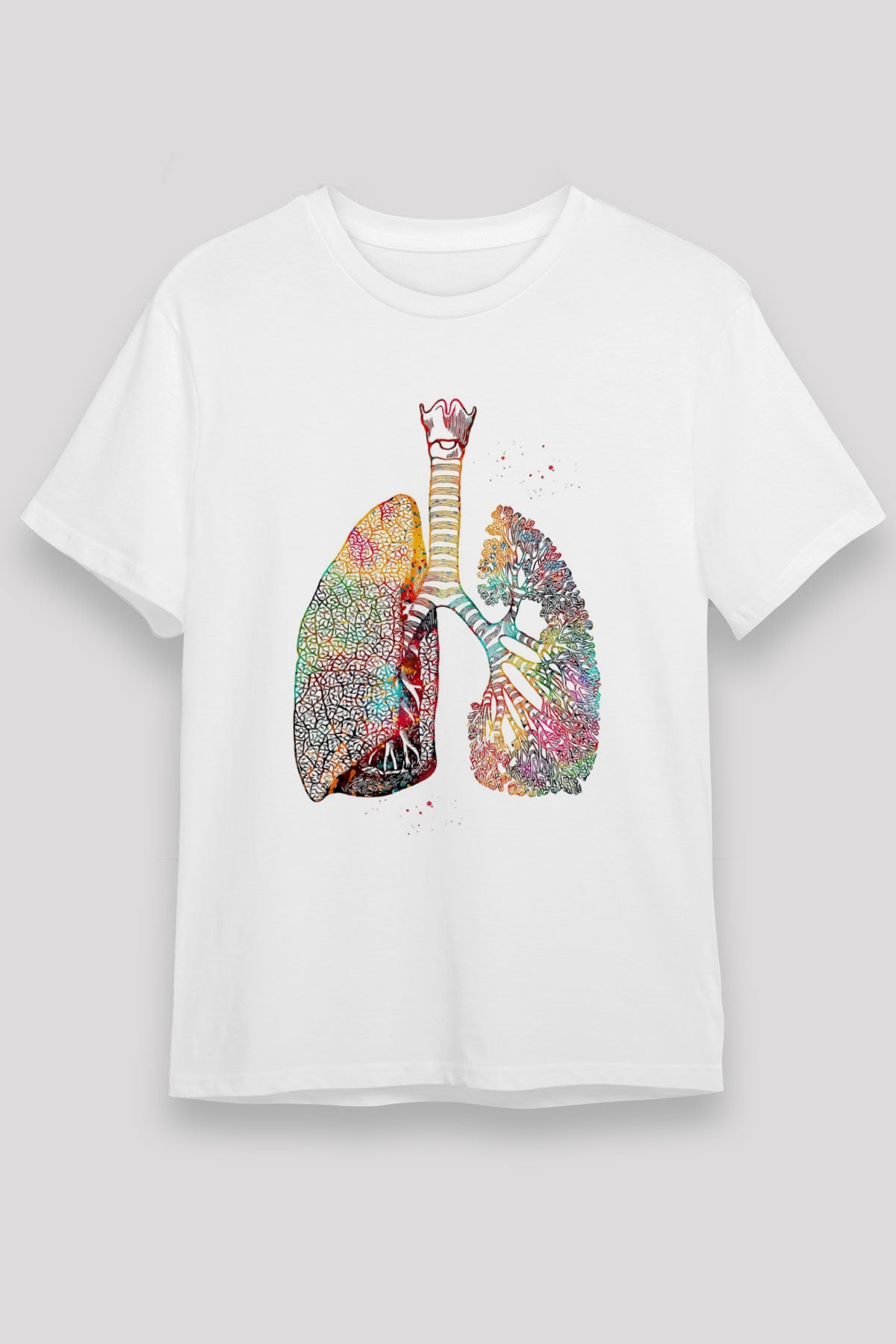 Akciğerler Renkli Baskılı Unisex Beyaz Tişört - Tshirt