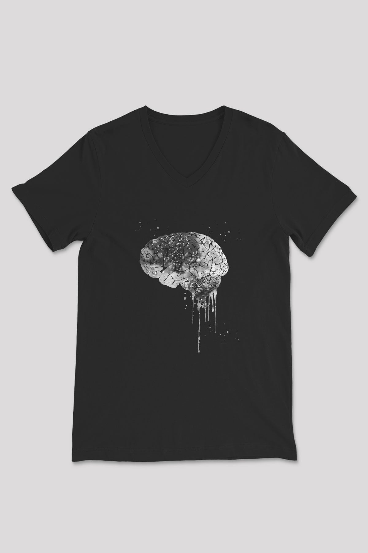 Akışkan İnsan Beyni Baskılı Unisex V Yaka Siyah Tİşört - Tshirt