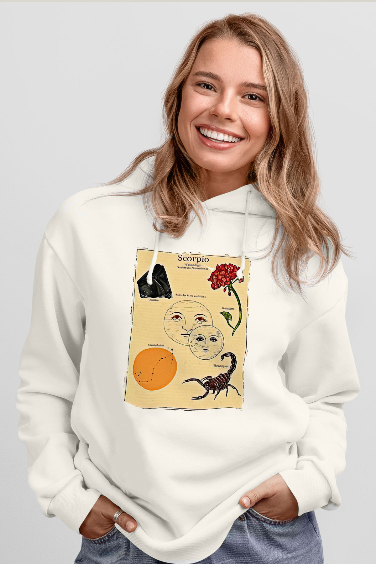 Akrep Burcu Baskılı Beyaz Unisex Hoodie