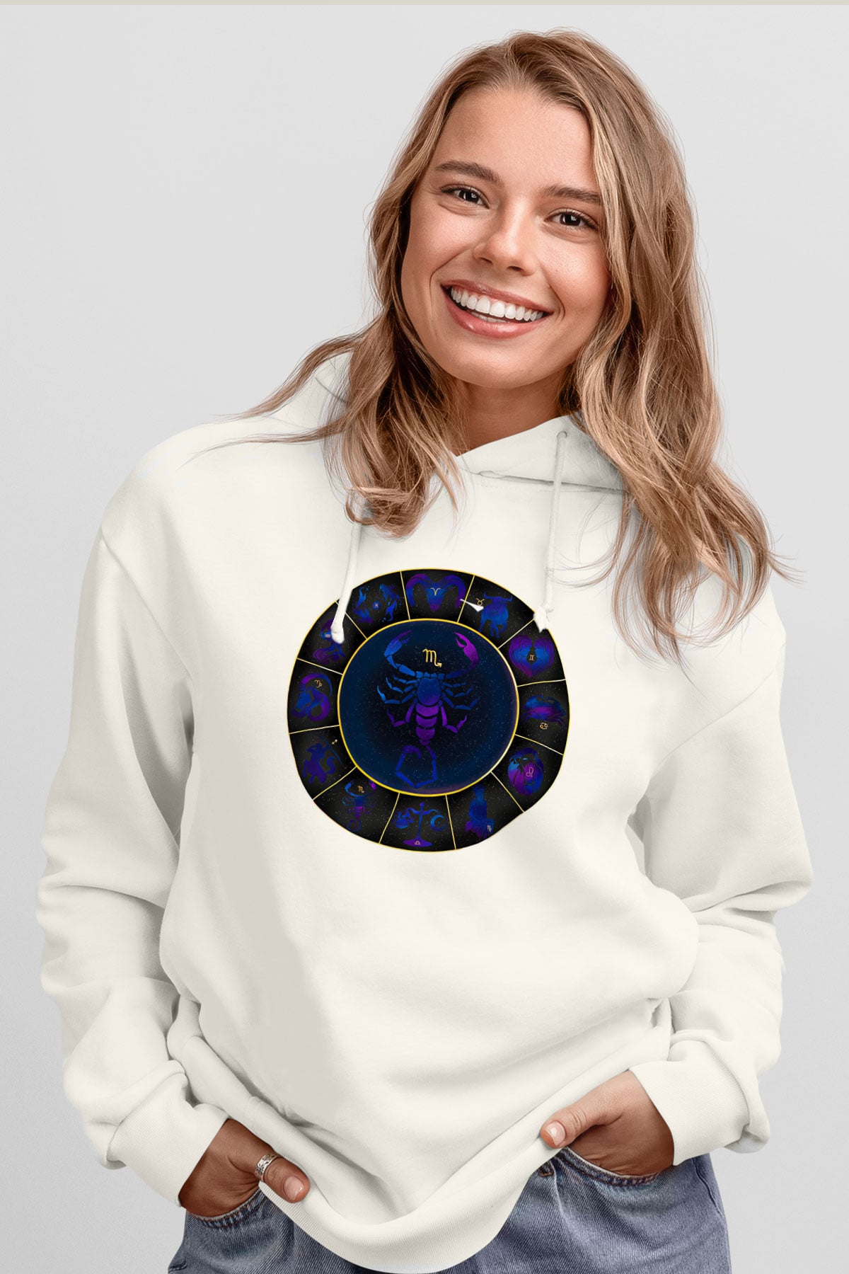Akrep Burcu Baskılı Beyaz Unisex Hoodie